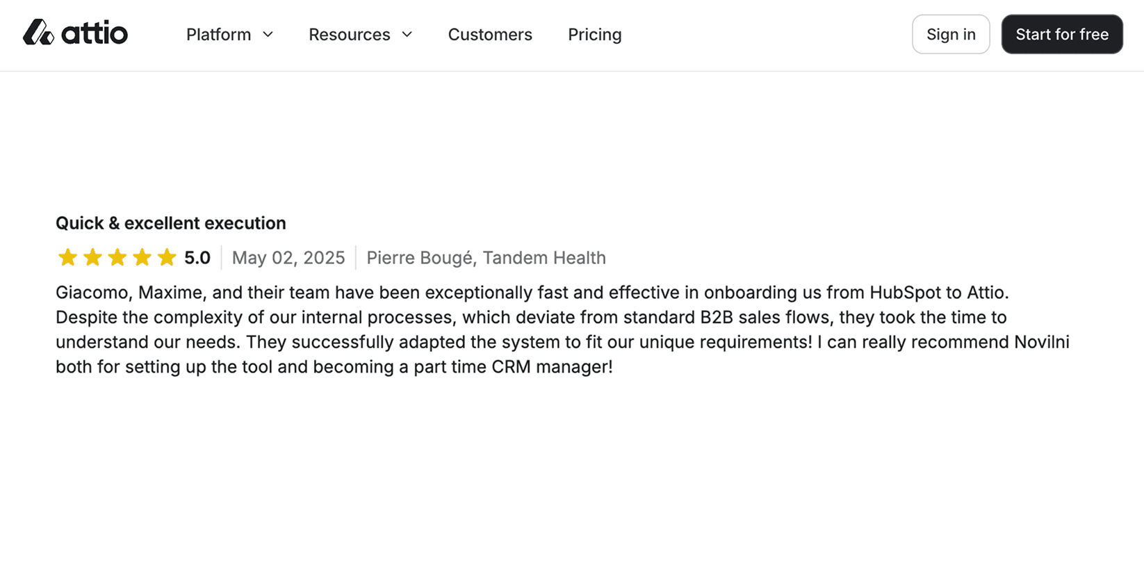 Screenshot of a 5-star customer review on Attio’s website from Pierre Bougé of Tandem Health, praising Novlini’s fast and effective CRM onboarding from HubSpot to Attio.