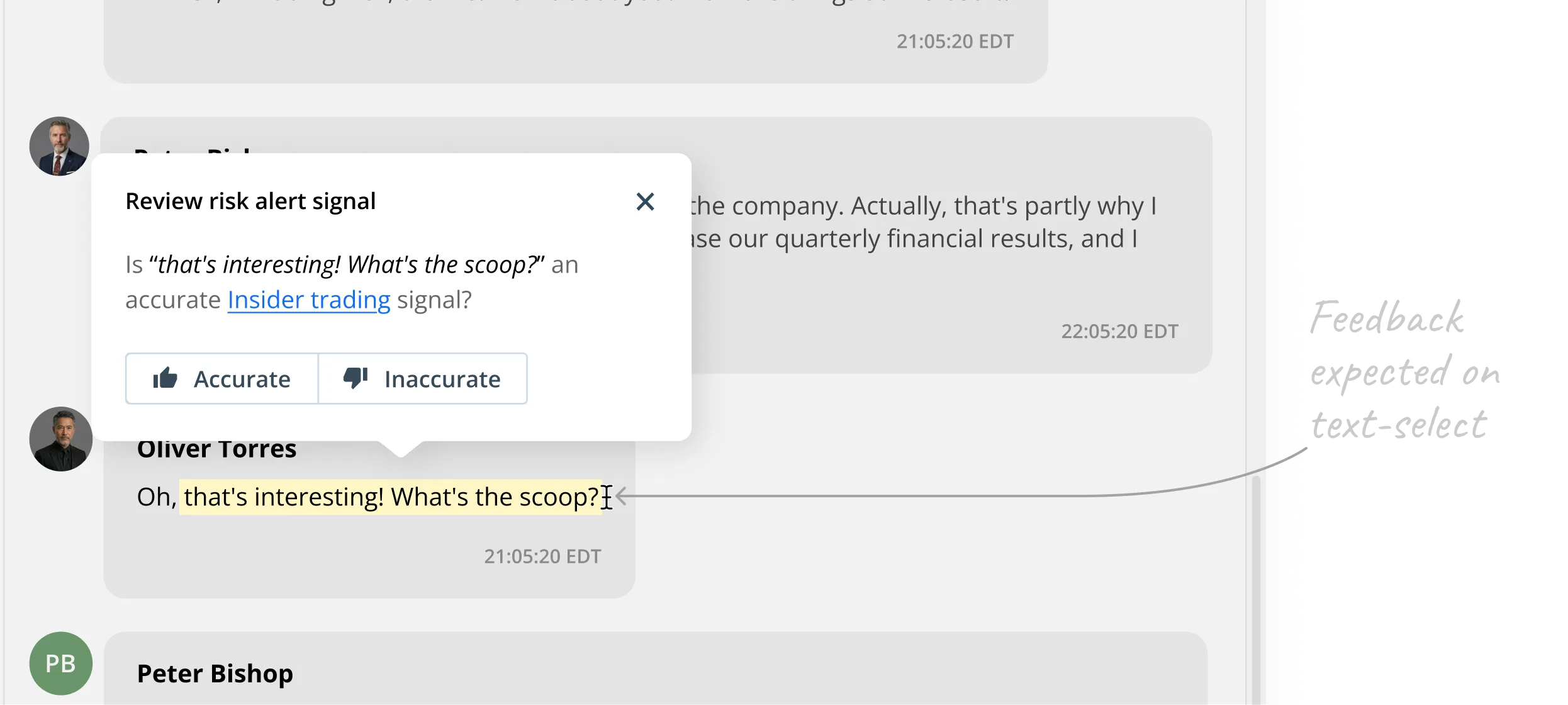 Screenshot of the Behavox alert review interface showing a hover tooltip titled  "Review risk alert signal" with Accurate and Inaccurate buttons. An arrow points  to the tooltip from a caption reading "Where I expected feedback entry,"  highlighting the original feedback placement that users failed to discover.