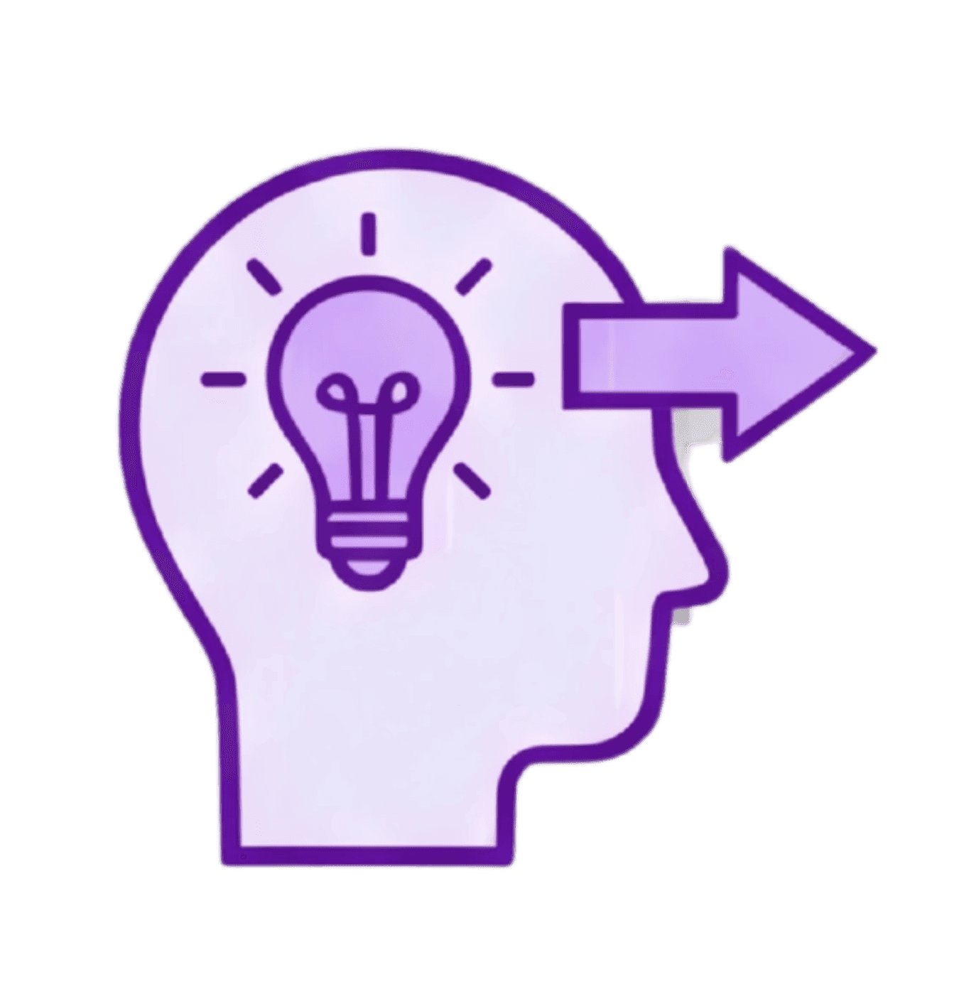 Purple head profile icon with a glowing lightbulb inside and an arrow pointing outward from the forehead.