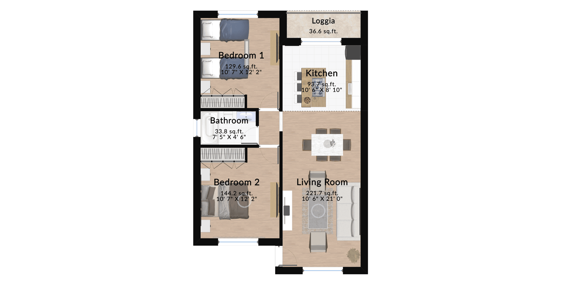 Furnished floor plan of a modern two-bedroom apartment showcasing furniture placement for bedrooms, living room, kitchen, and bathroom, with access to a loggia.