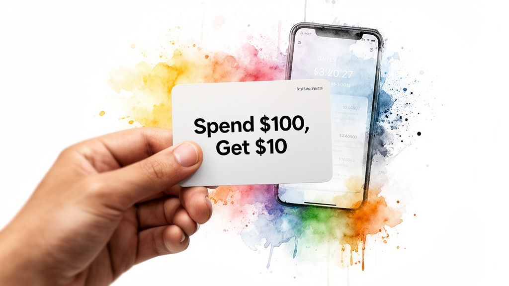 A hand holds a white card offering 'Spend $100, Get $10' with a smartphone and watercolor background.
