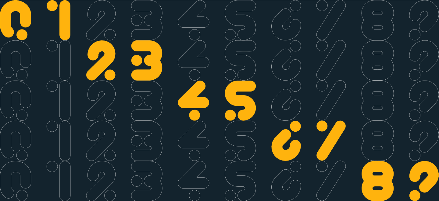 Yellow numbers 0 through 9 in various curved and rounded font styles scattered across a dark teal background made up of light teal question mark shapes and outlines.