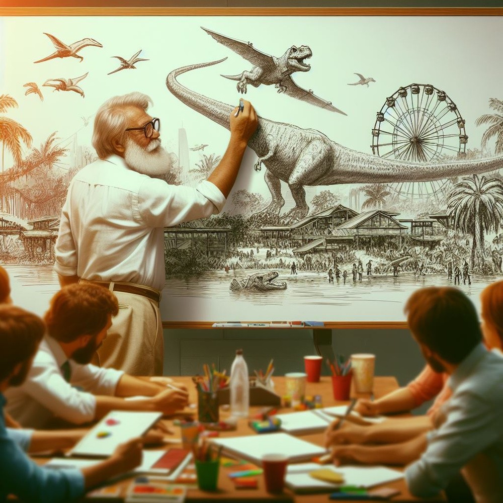 A man in a conference room showing concept art for a dinosaur theme park