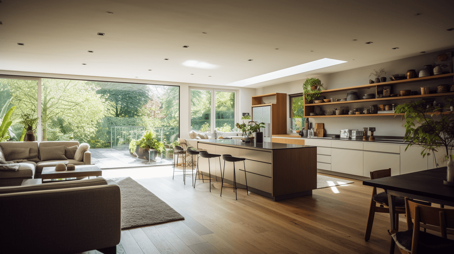 Open-plan interior with modern kitchen island, dining area, and sliding glass doors to garden with natural light