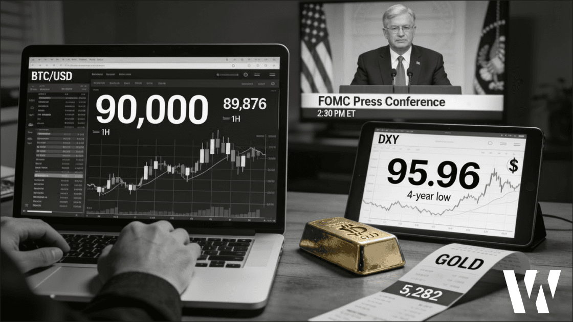 Black-and-white trader desk scene: a BTC/USD chart near the 90,000 level (price 89,876), a side screen showing DXY 95.96 marked “4-year low,” a TV in the background with an “FOMC Press Conference,” plus a gold bar and a ticker strip reading “GOLD 5,282.
