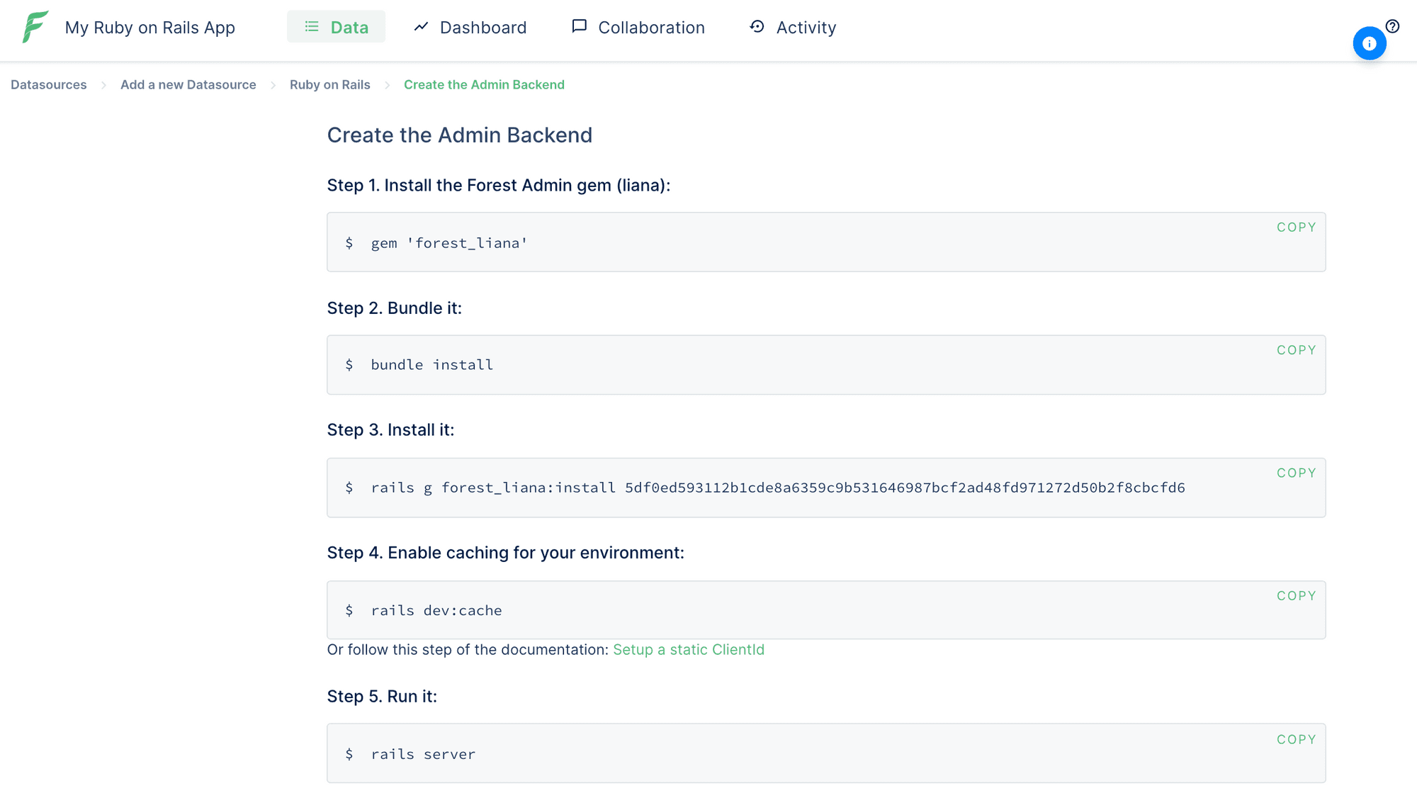 The Forest Admin installation commands for the Ruby-on-Rails agent.