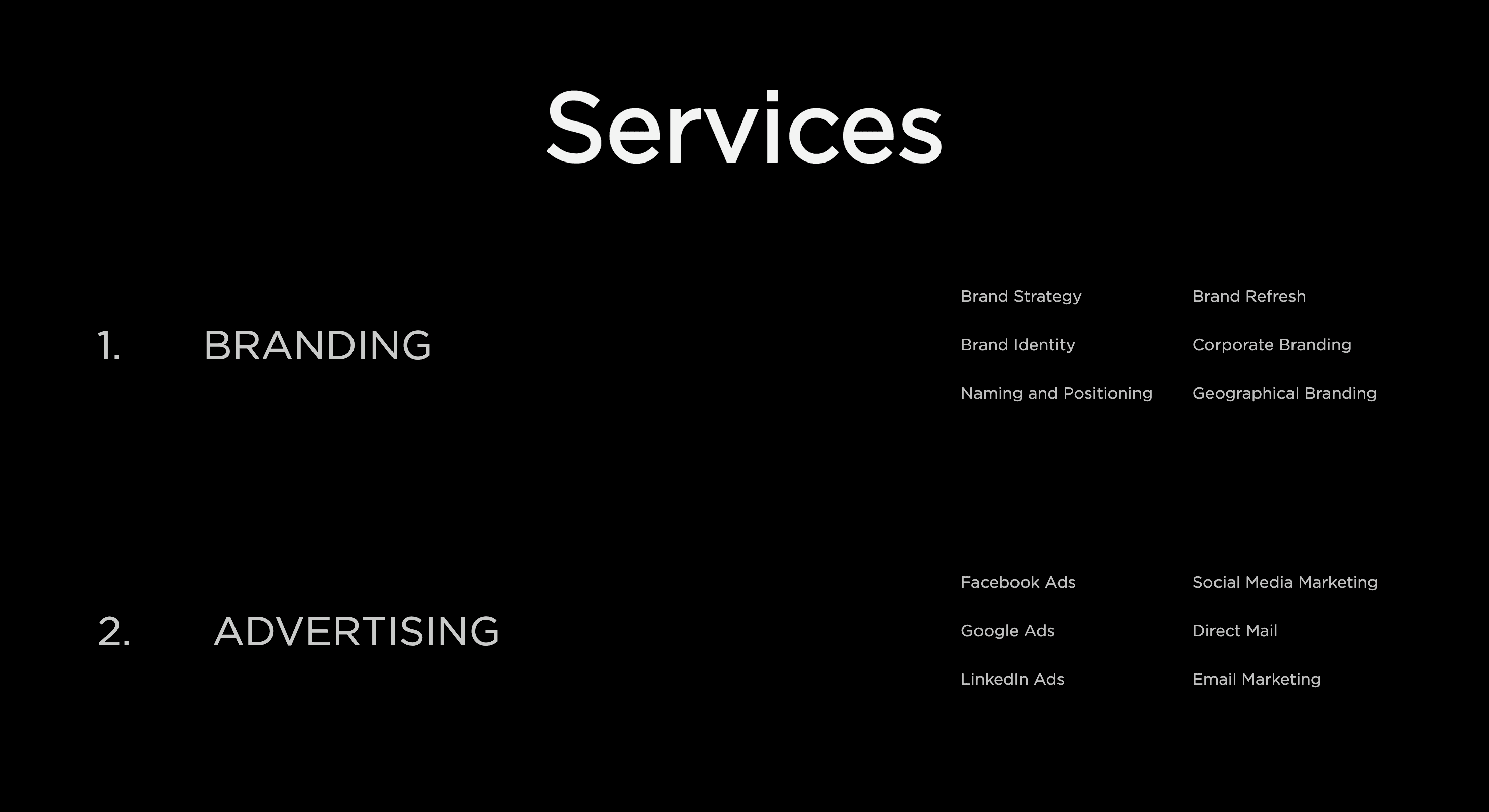 List of services split by category with numbered labels, including “1. BRANDING” and “2. ADVERTISING,” with services listed in two neat columns.