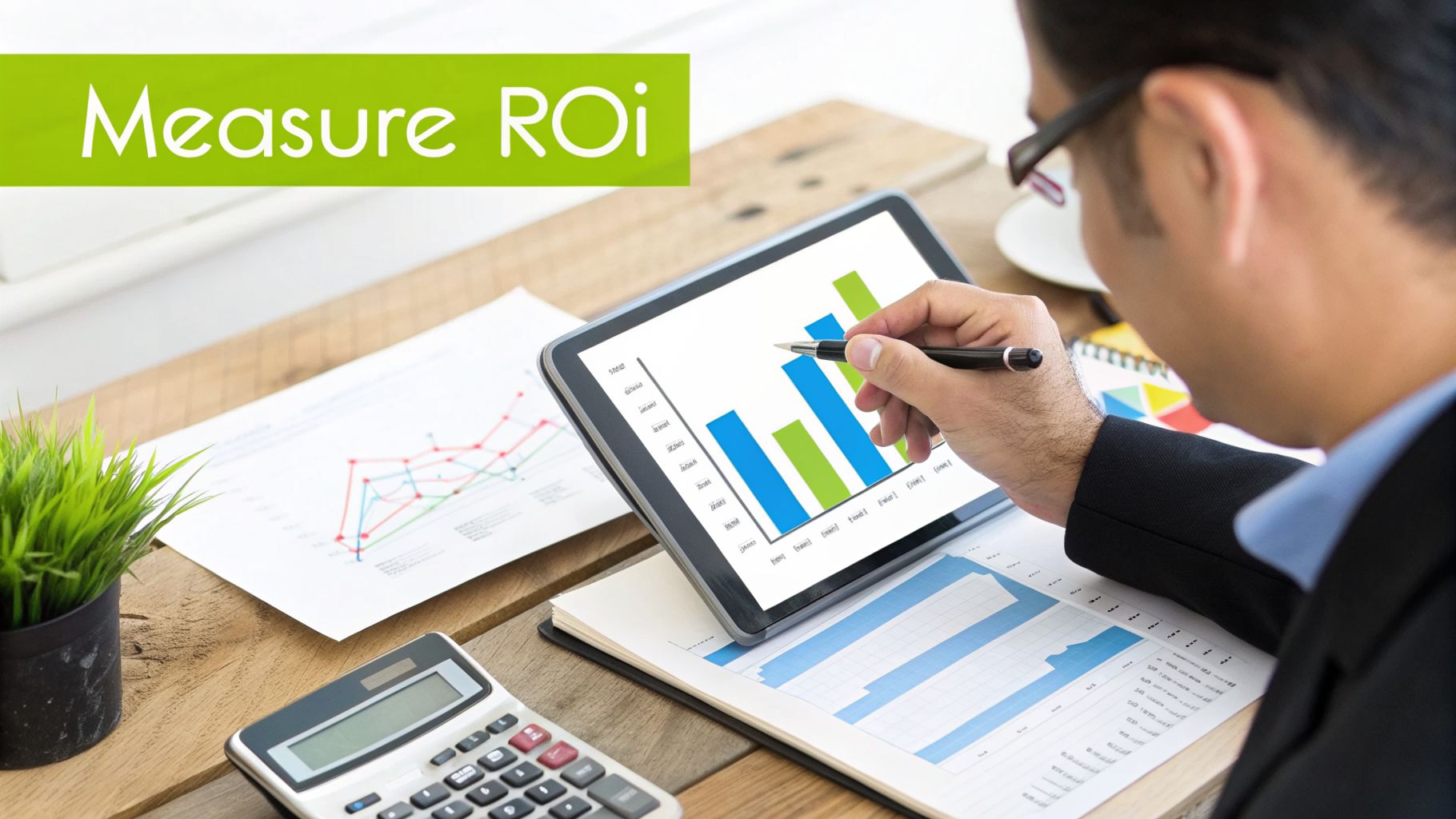 Businessman analyzing financial data on a tablet, pointing at a bar chart, with a calculator and 'Measure ROI' text.