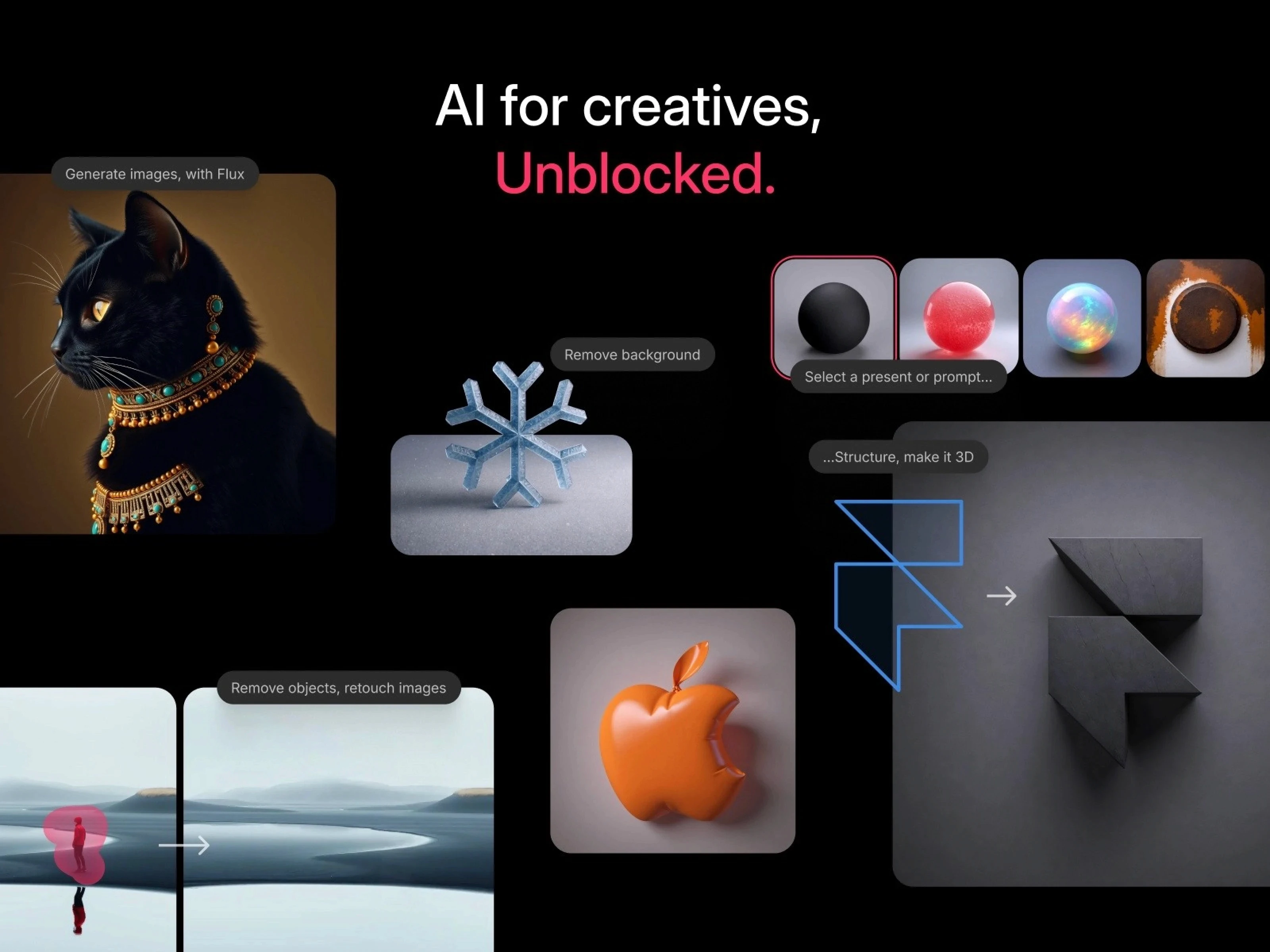 Promote Unblocked AI with a graphic showcasing examples of diverse AI image generation, background removal, and 3D structuring features.