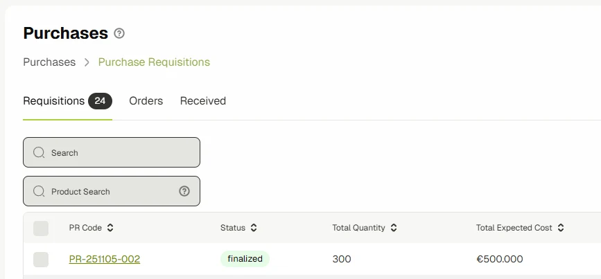 OneAvant Production dashboard displaying Artisanal Frozen Goods Store inventory list with product codes and names for tracking and workflow monitoring.