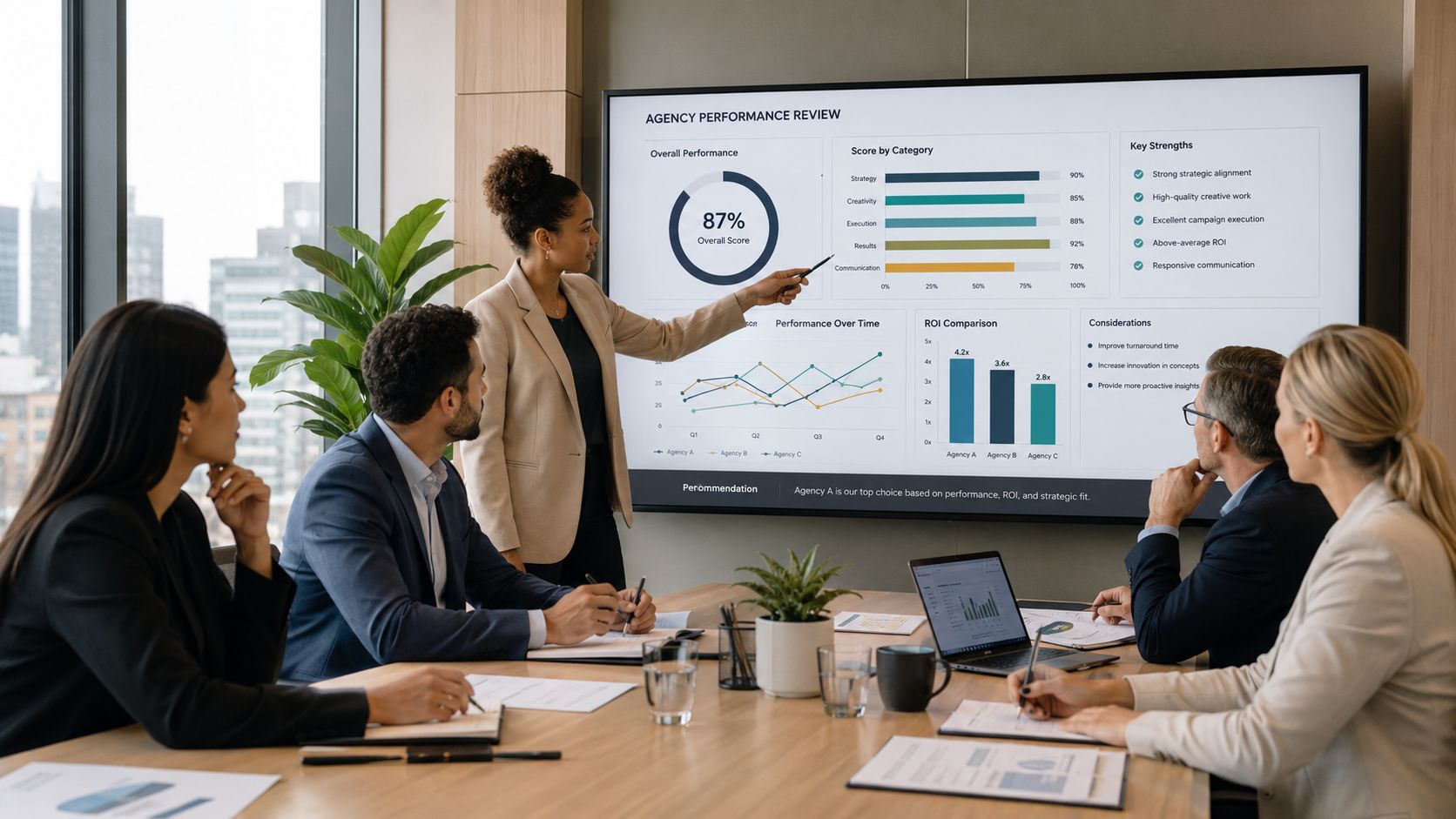 A professional woman presenting business performance data on a large screen to colleagues in a modern office.