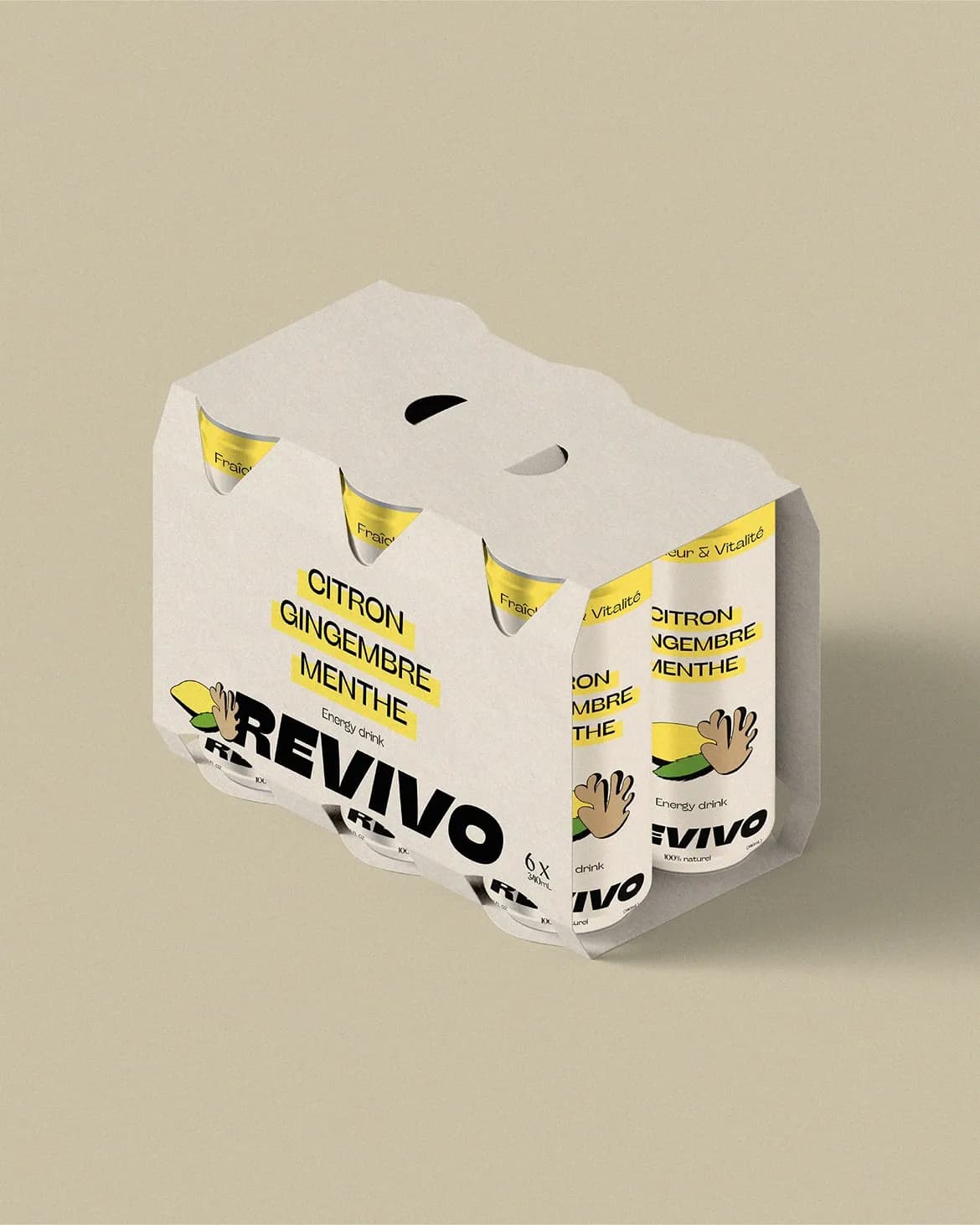 projet Revivo packaging branding canette boisson énergisante pack