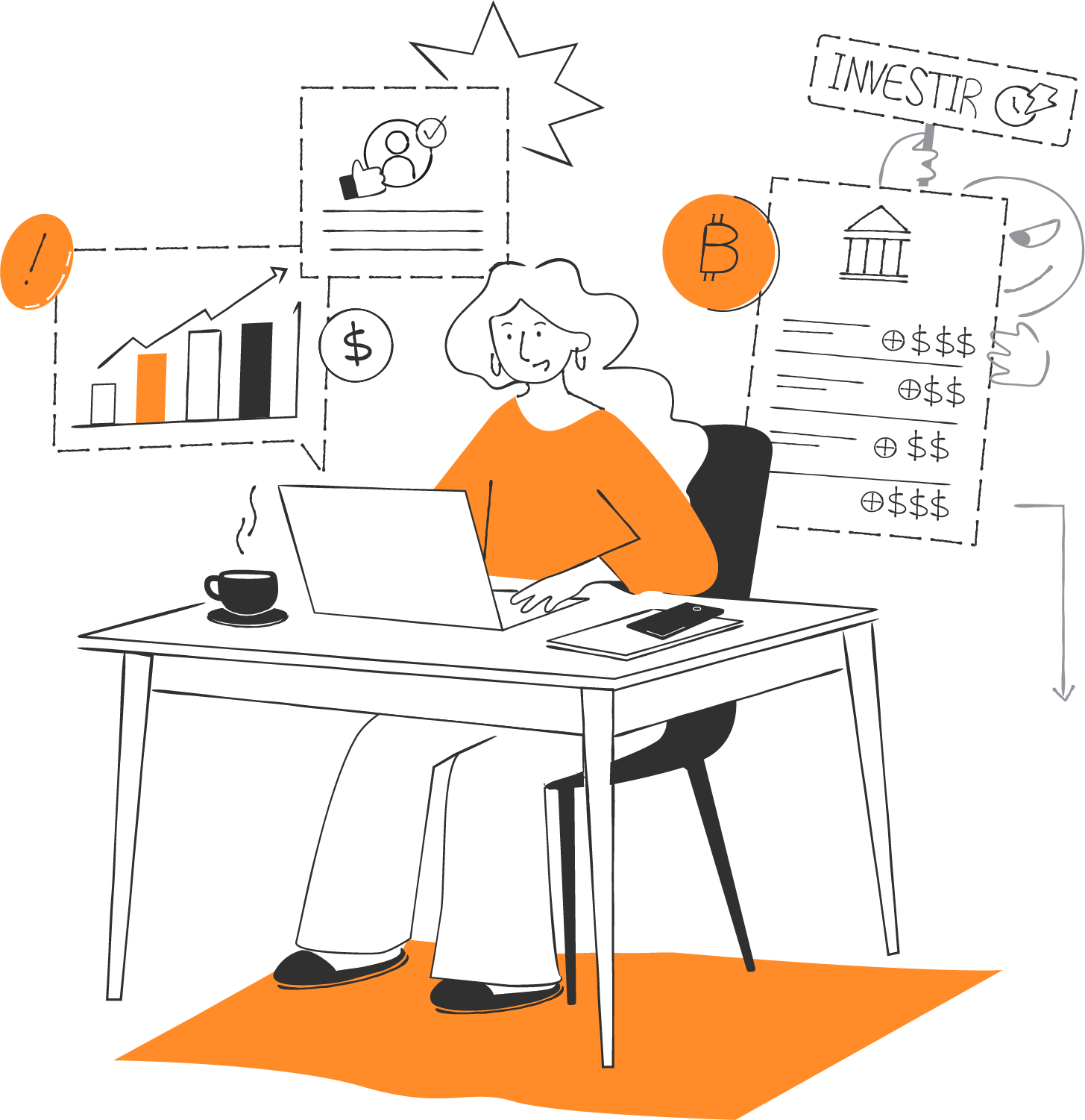 Ilustração de uma pessoa no computador sendo atraída por falsas promessas de alto rendimento, com gráficos de valorização, Bitcoin e extratos bancários fraudulentos ao redor, enquanto um criminoso a induz a investir em uma plataforma falsa.