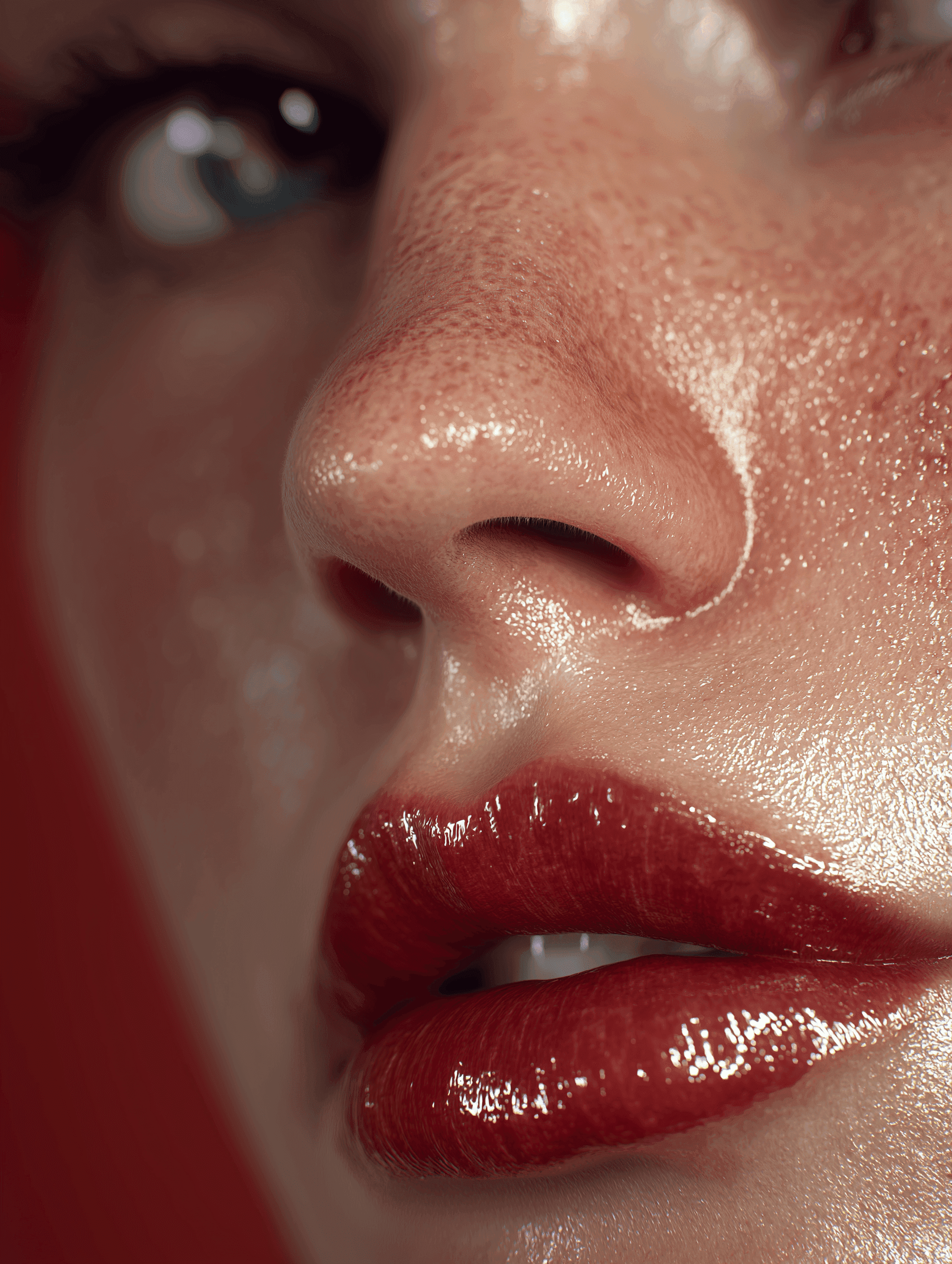 Glossy red lips with soft skin texture under studio light