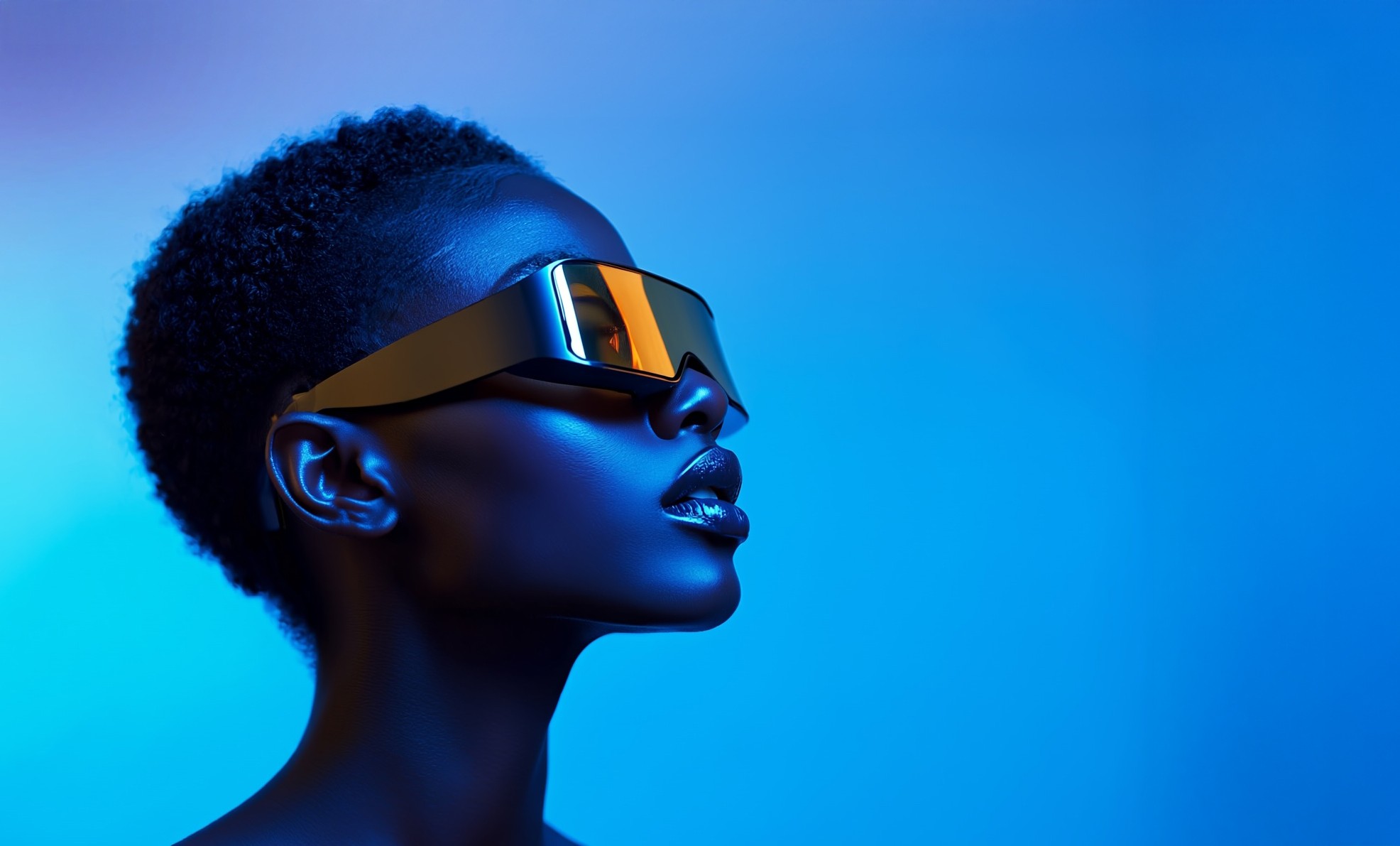 Cyberpunk-inspired AI model in bold VR glasses, futuristic blue lighting, symbolizing innovation and technology