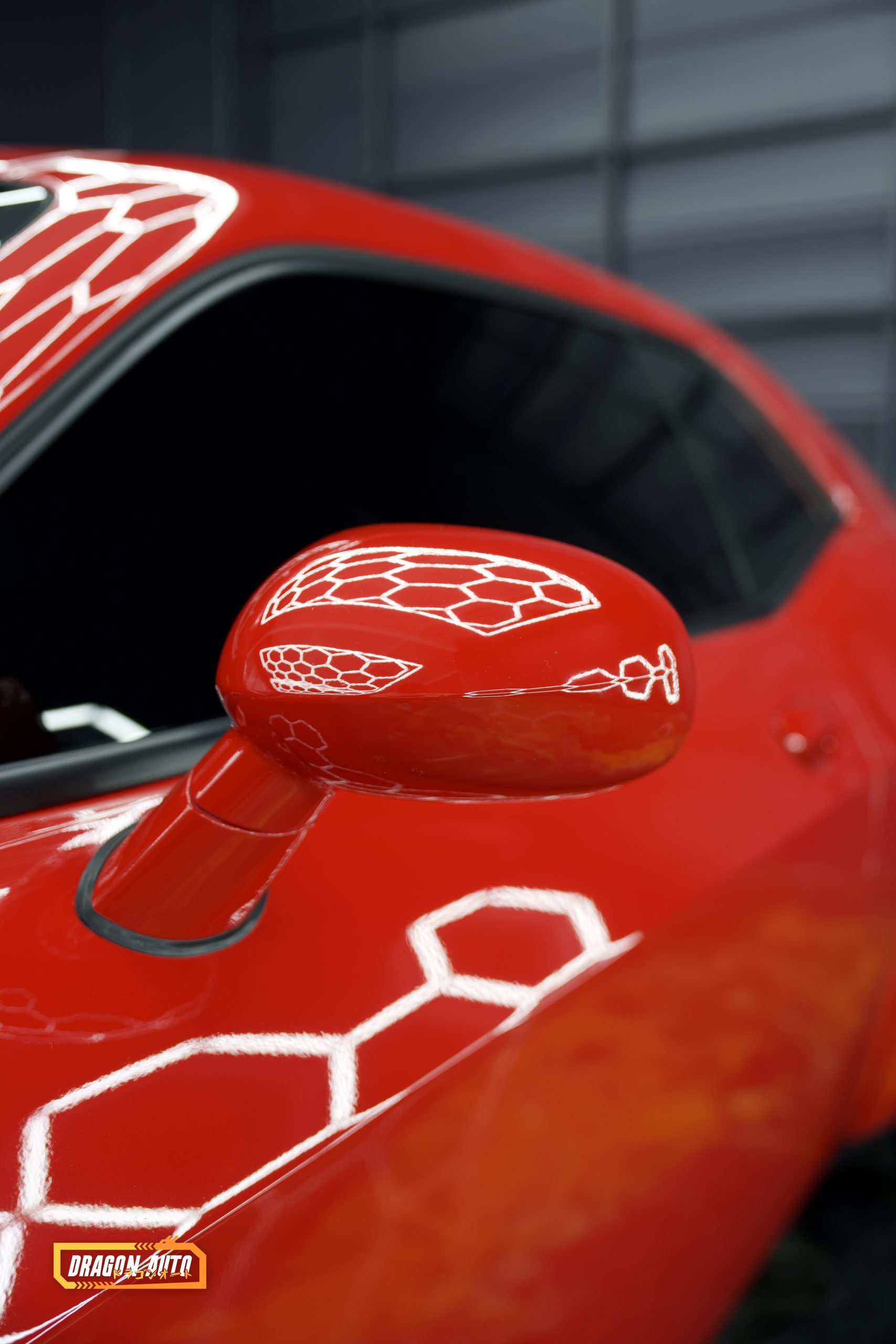 Mirror detail on a red Dodge Challenger SRT Hellcat with Icon Rocklear permanent paint protection, Dragon Auto Milpitas