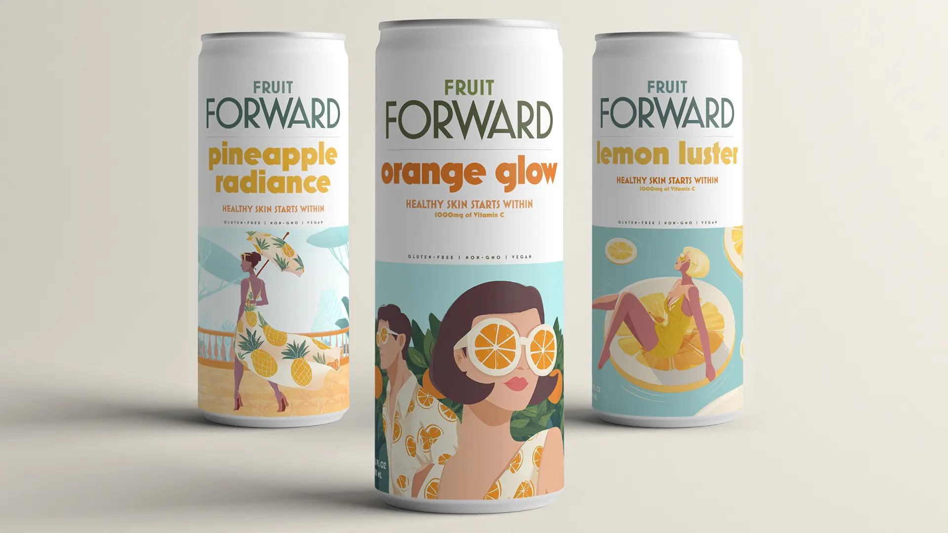 Fruit Forward packaging system featuring Pineapple Radiance, Orange Glow, and Lemon Luster cans with distinct custom illustrations.