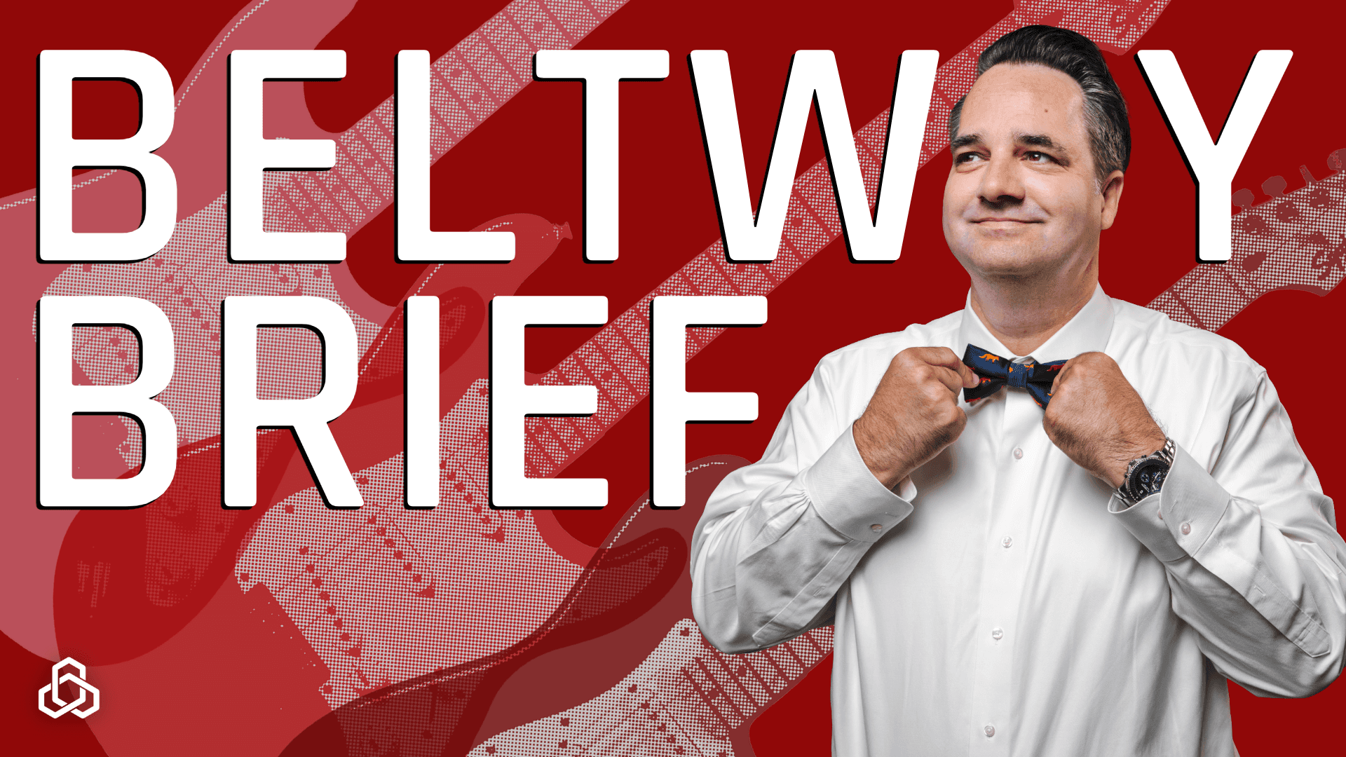 A graphic design layout for a YouTube thumbnail with large, bold white text reading "BELTWAY" stacked above "BRIEF" on the left. On the right side, a portrait shows Woody Wiegmann looking upward with a pleased expression as he adjusts a navy blue bow tie with both hands. He wears a white dress shirt and a wristwatch. The background is a vibrant red backdrop patterned with halftone dotted vector illustrations of electric guitar bodies and necks angled diagonally. A small white geometric interlocking logo rests in the bottom left corner.