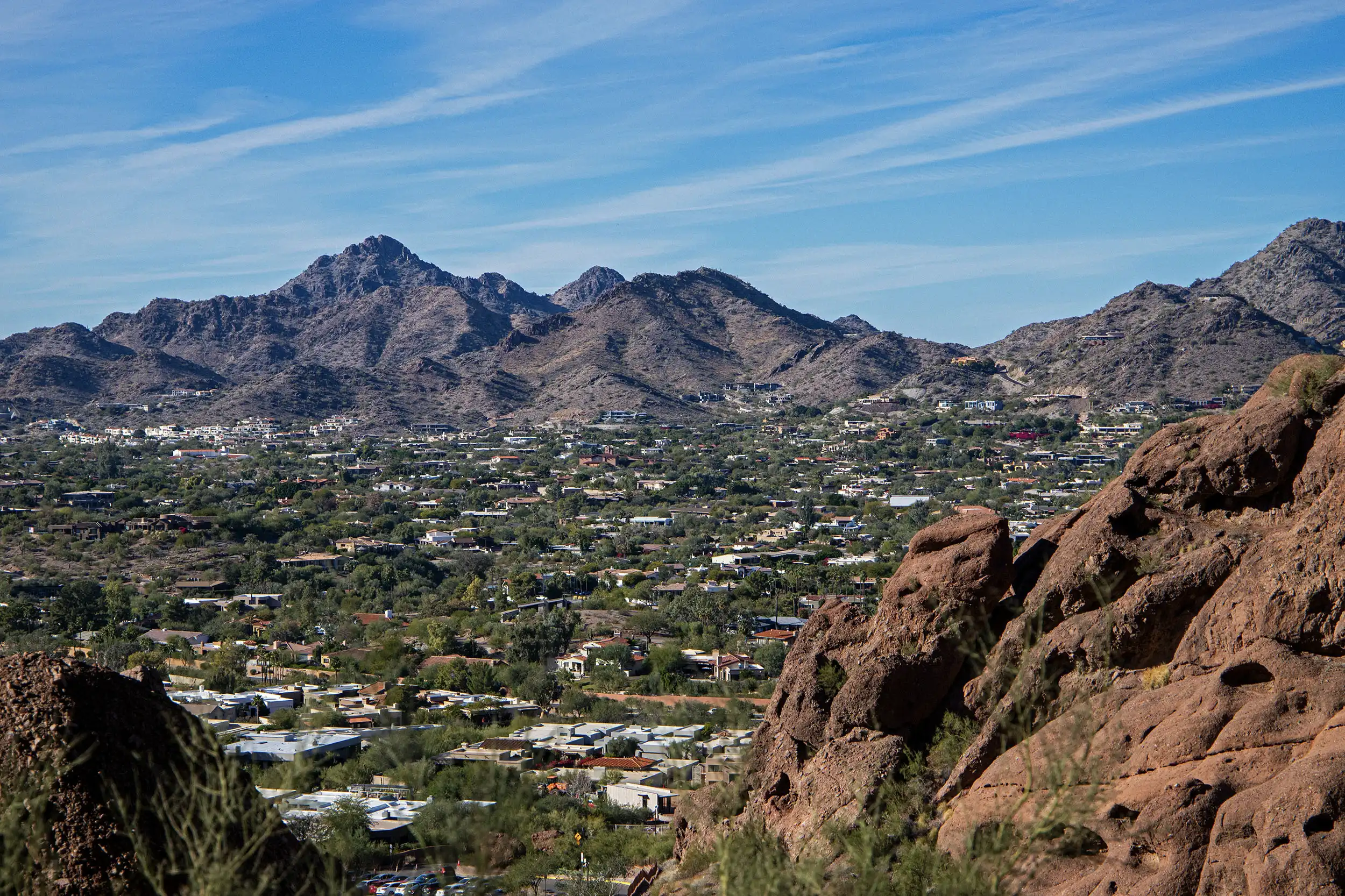 Scenic aerial view overlooking Phoenix, Arizona and surrounding desert landscape from Camelback Mountain
