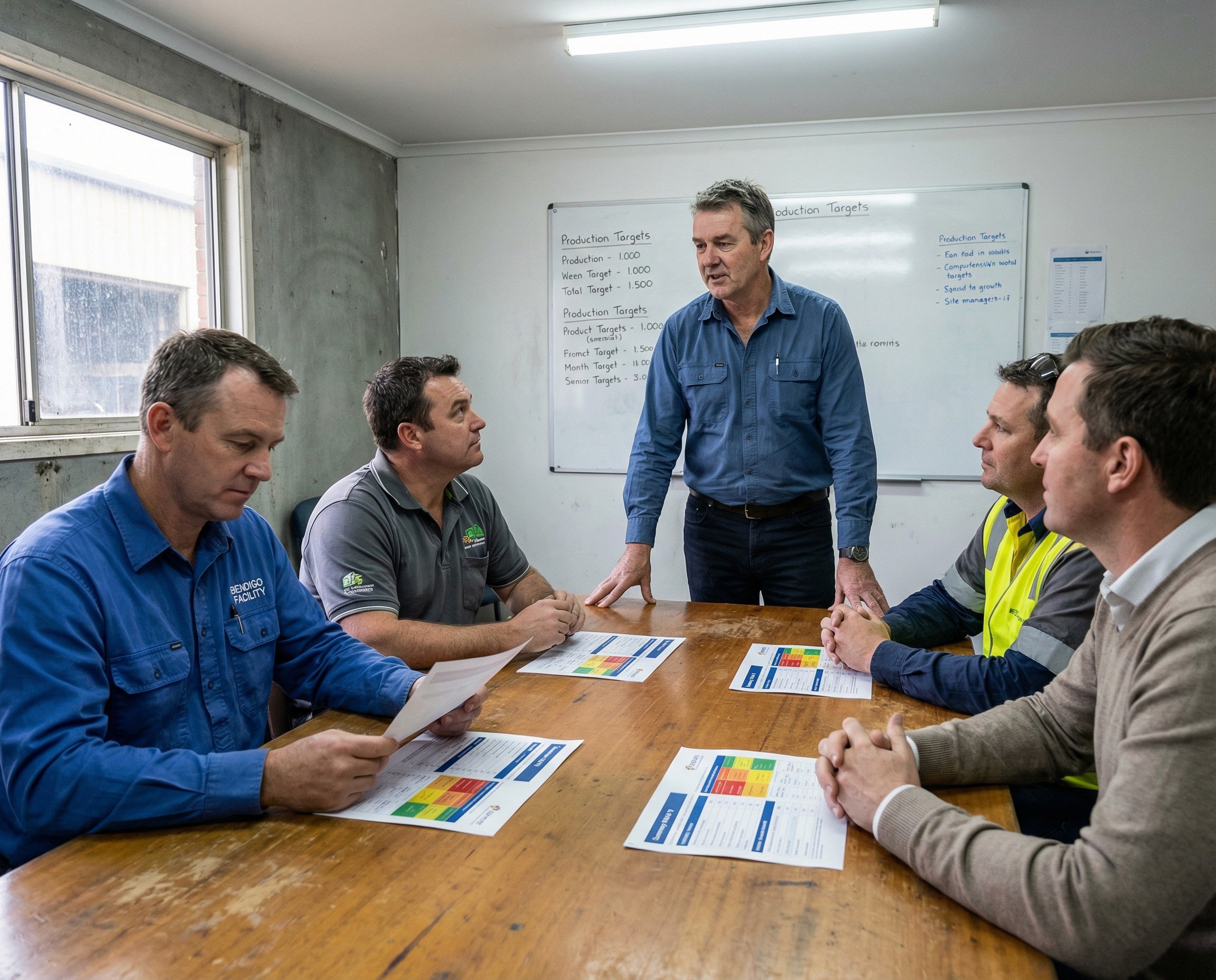 A national WHS director in his early 50s standing at the head of a long table in a regional site office — not a corporate boardroom, but a functional meeting room in a manufacturing facility with concrete floors, fluorescent lighting softened by a window, and a whiteboard with last week's production targets still visible. He is presenting a single-page governance summary to four site managers who have come from different facilities — each wearing slightly different work clothing that signals different sites or divisions: one in a blue collared shirt with a facility name embroidered on the chest, another in a grey polo with a different site's logo, a third in hi-vis, a fourth in smart-casual suggesting an office-based plant manager