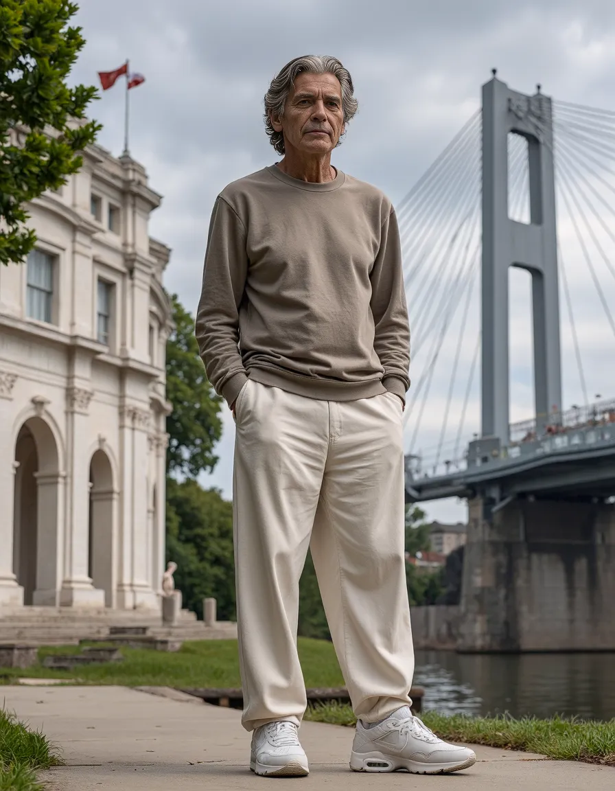 Elegant urban portrait featuring minimalist fashion against architectural backdrop with suspension bridge and historical building