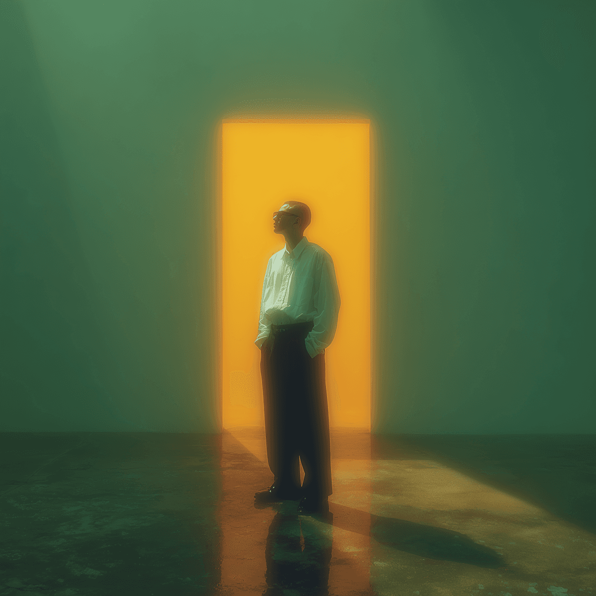 A person in a white shirt stands in a dim room, illuminated by a vibrant yellow doorway, creating a dramatic and surreal atmosphere.