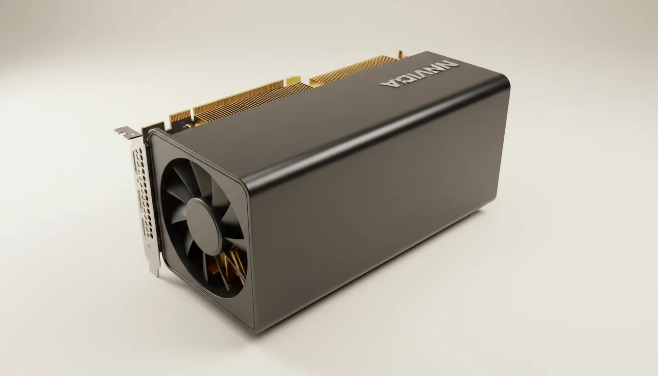 DSLR product photography of a high-end NVIDIA workstation GPU on a neutral, off-white studio background. The graphics card features a sleek, matte black metal shroud with an integrated circular blower-style fan and a prominent array of gold-colored metallic heatsink fins. The scene is captured with soft studio lighting creating subtle reflections, with a shallow depth of field focusing on the intricate textures of the hardware. Angled, close-up composition.
