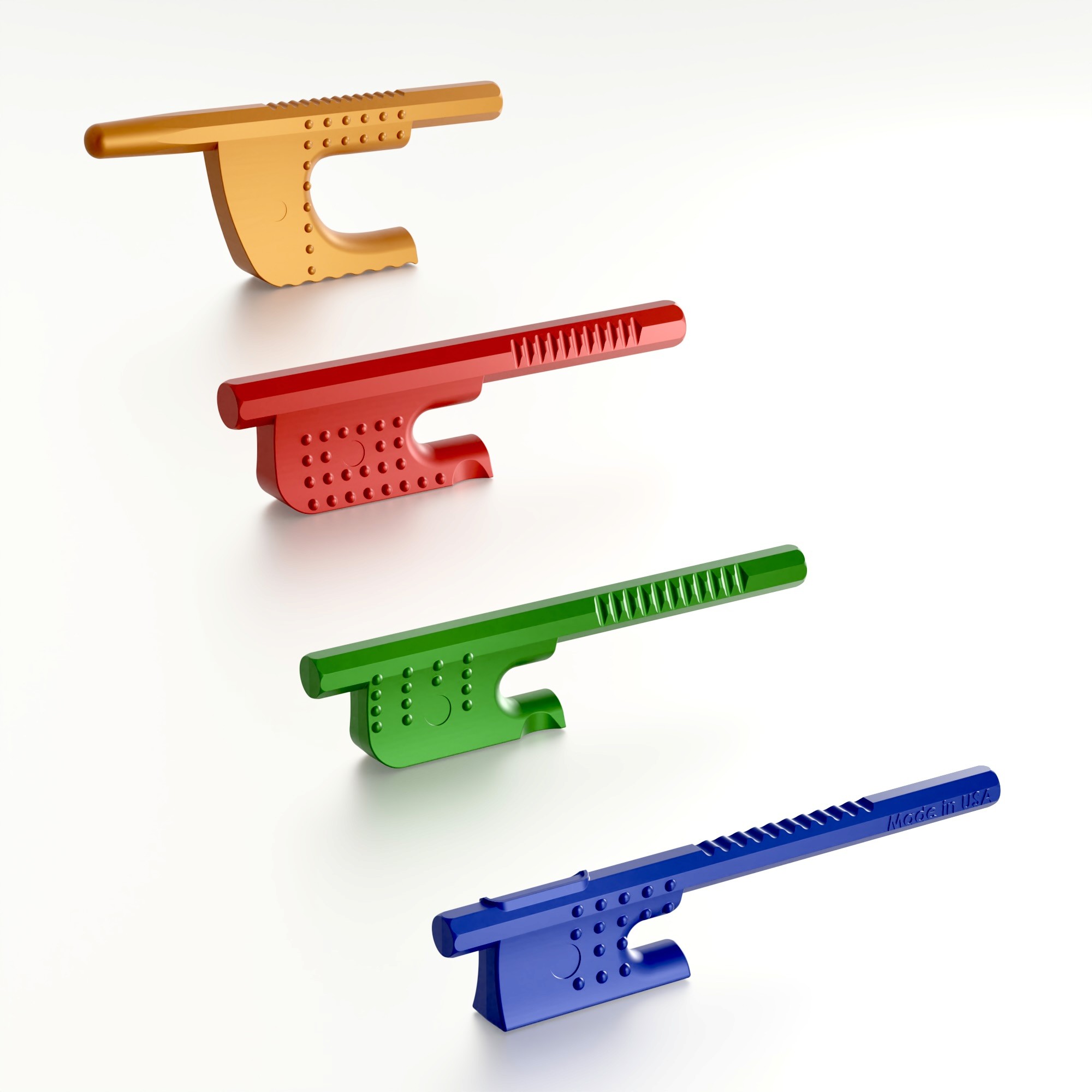 A set of injection molded plastic parts in various colors, demonstrating how different parts of a product are designed and rendered for assembly.