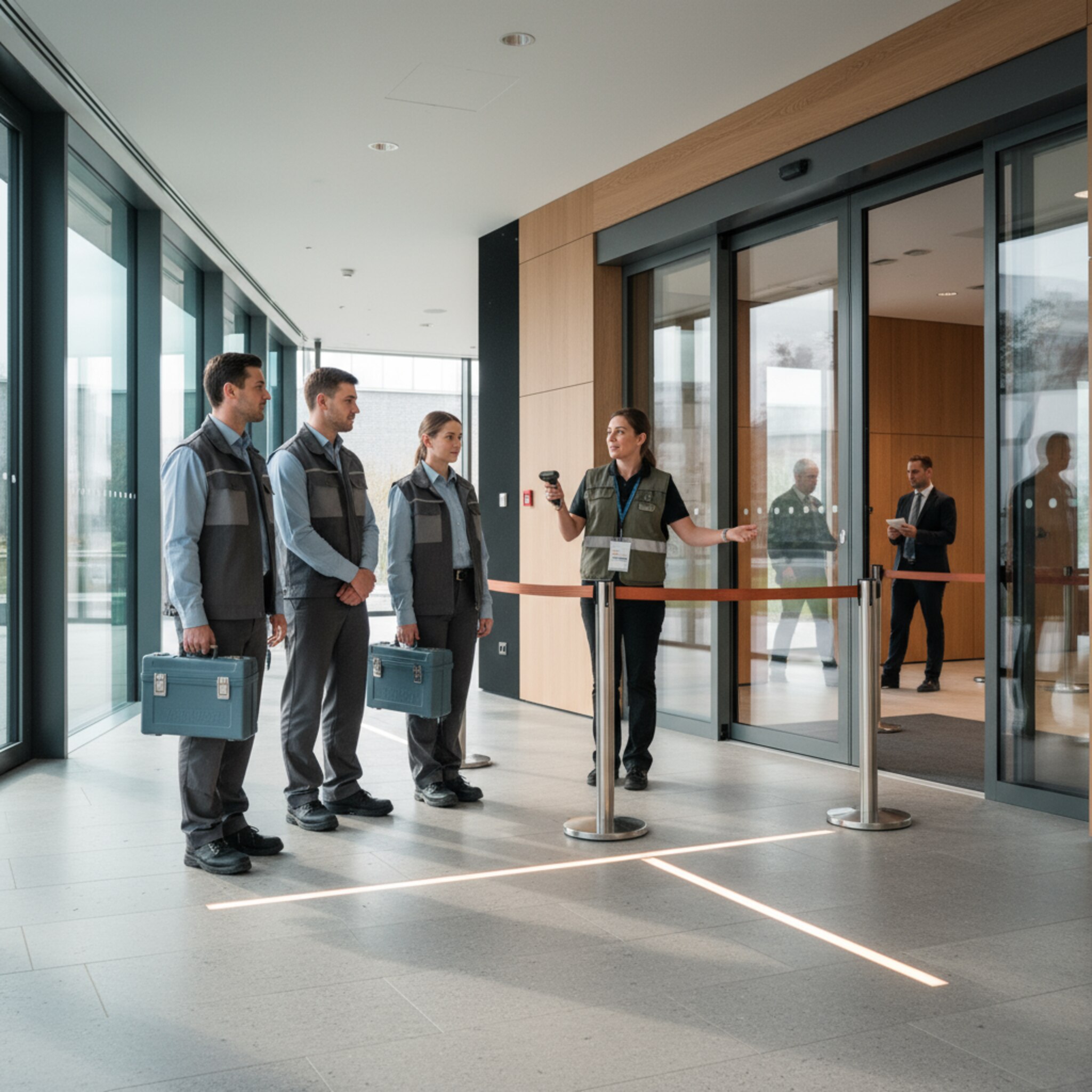 Vor einem Konferenzbereich warten Dienstleister mit Werkzeugkoffern auf Einlass. Ein Verantwortlicher prüft Ausweise und weist eine gesperrte Zone aus. Leuchtstreifen am Boden markieren Wege, Türen öffnen sich zeitgenau. Der Ablauf fühlt sich sicher, ruhig und gut abgestimmt an.