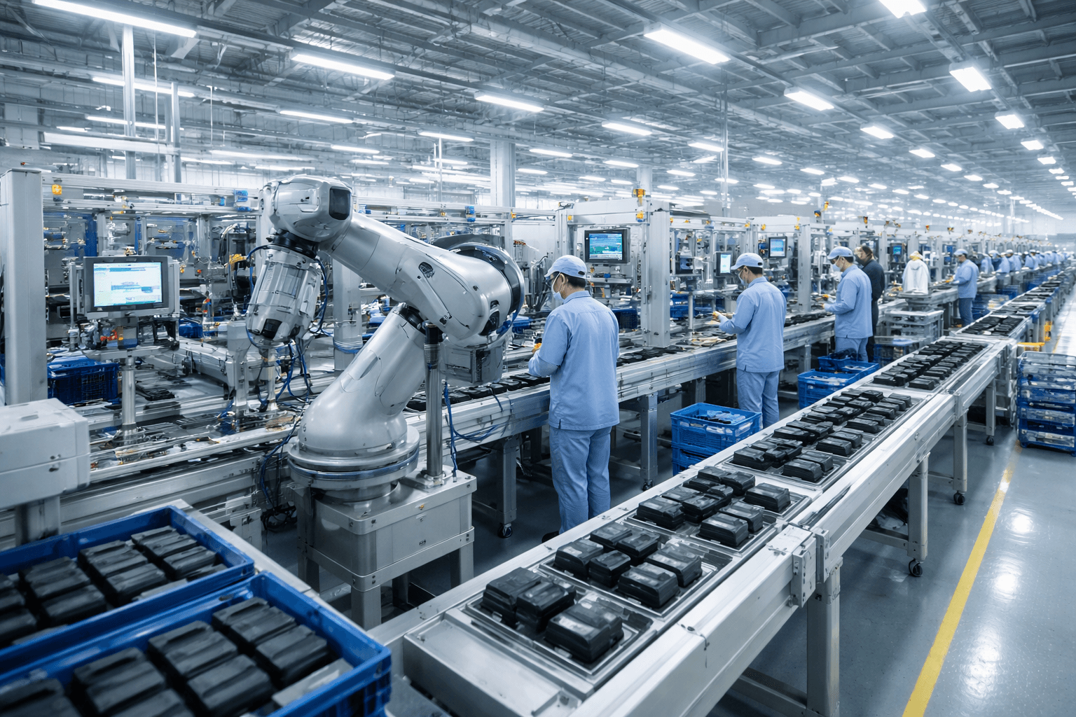 High tech automated manufacturing factory floor with robotic assembly lines for mass production