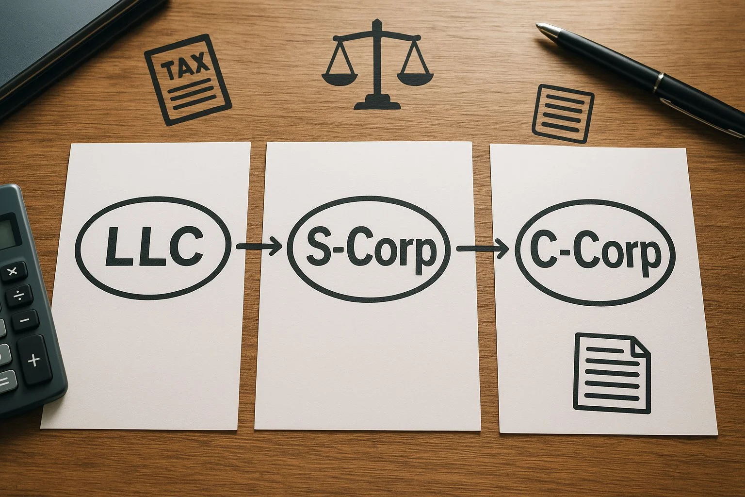 Symbolic office desk with documents labeled LLC, S-Corp, and C-Corp connected by arrows, surrounded by tax and compliance icons like a calculator, legal scale, and form stack.