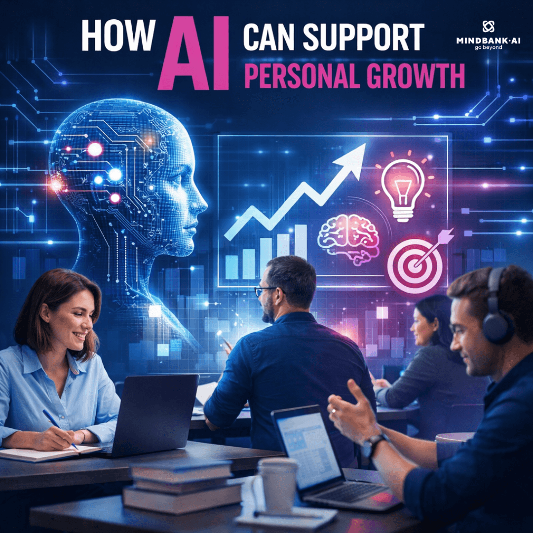 AI-powered personal growth platform showing professionals analyzing behavior, productivity data, and performance insights to improve self-awareness and long-term development