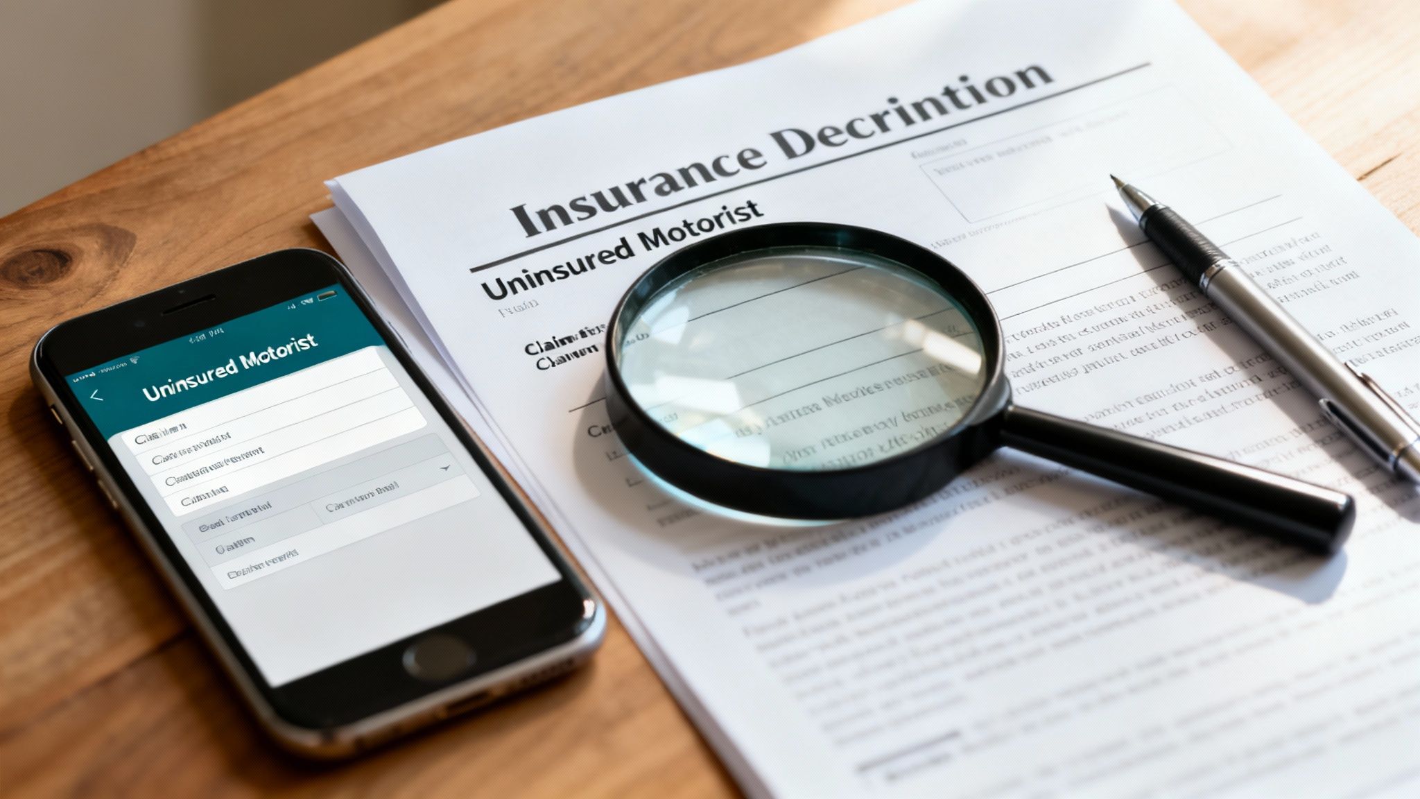 A smartphone showing uninsured motorist settings next to an insurance document, magnifying glass, and pen on a wooden table.