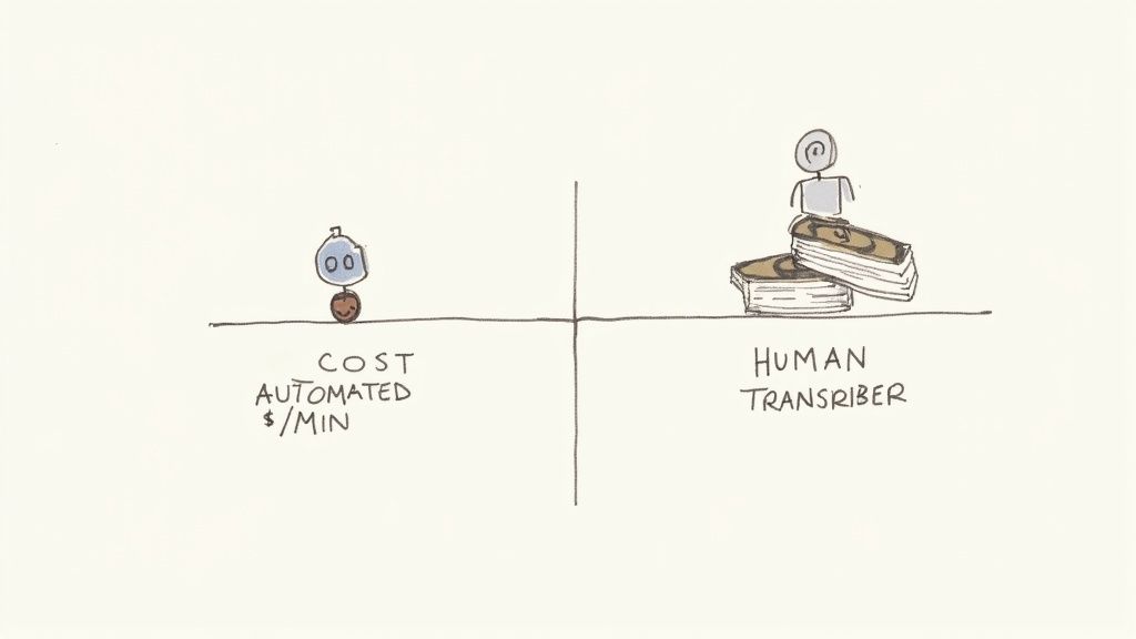 A diagram comparing the low cost of automated transcription (robot) with the high cost of human transcription (person on money stacks).