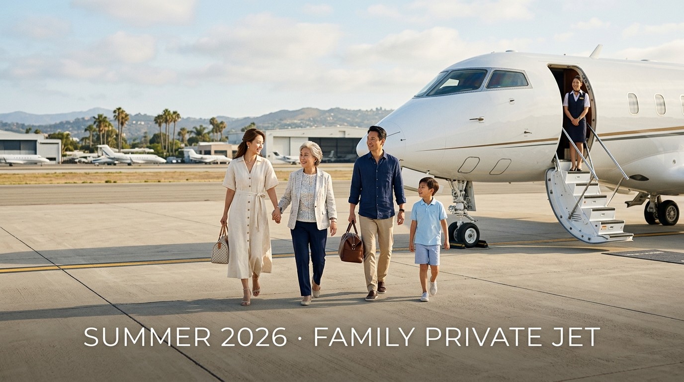 A family boarding a private jet for a summer vacation - 2026 peak season private jet charter guide