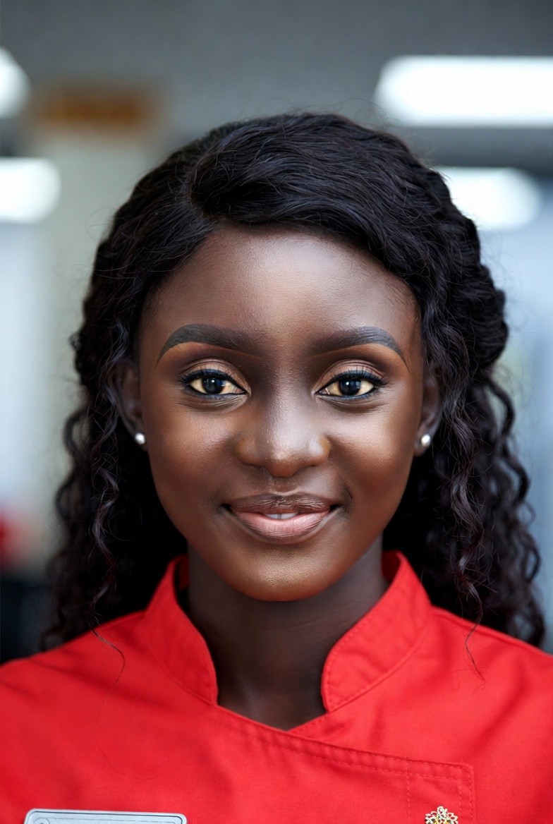 a woman in a black top smiling at the camera