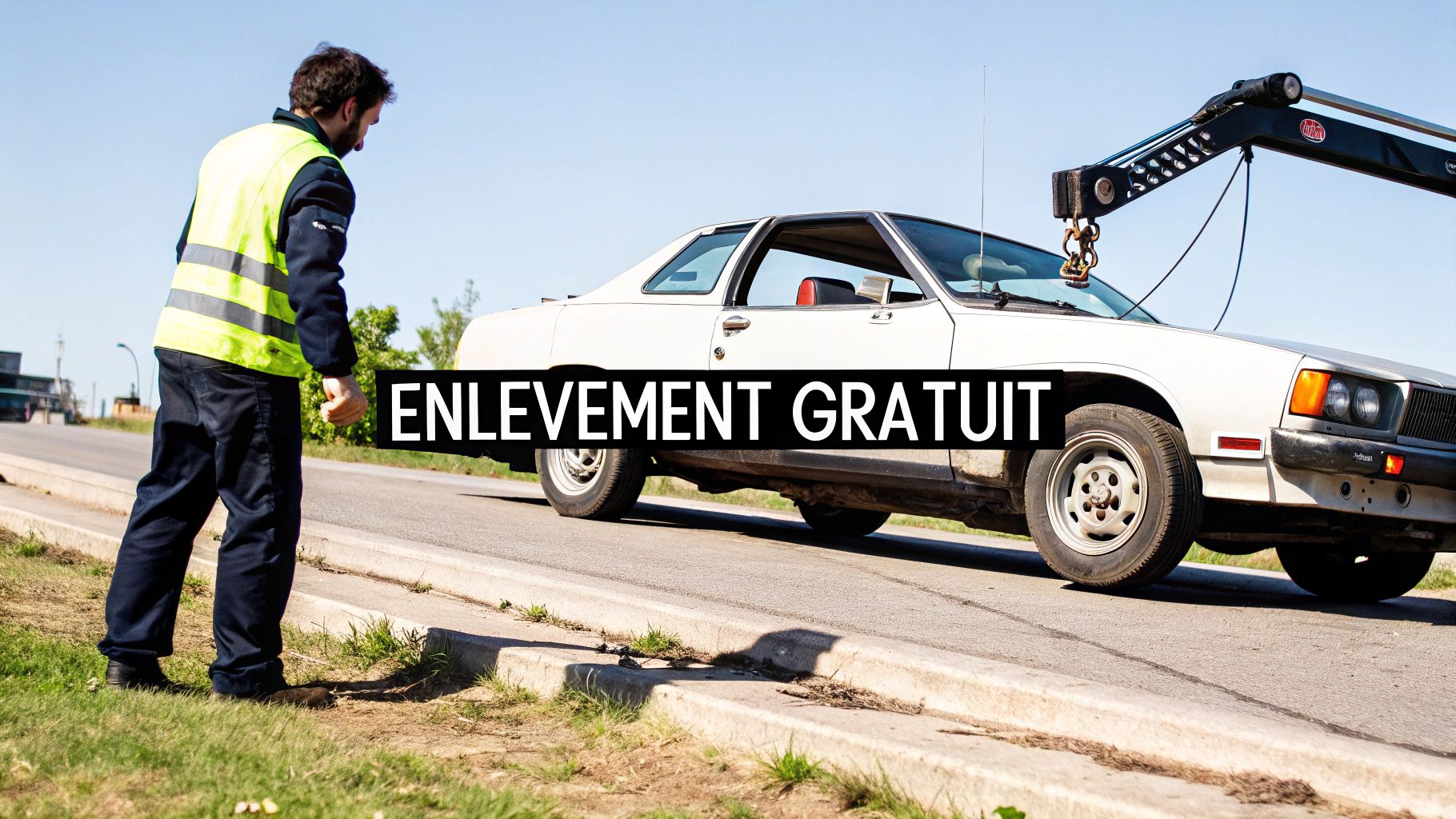 Un dépanneur en gilet jaune prépare le remorquage d'une vieille voiture blanche avec l'inscription « ENLÈVEMENT GRATUIT ».