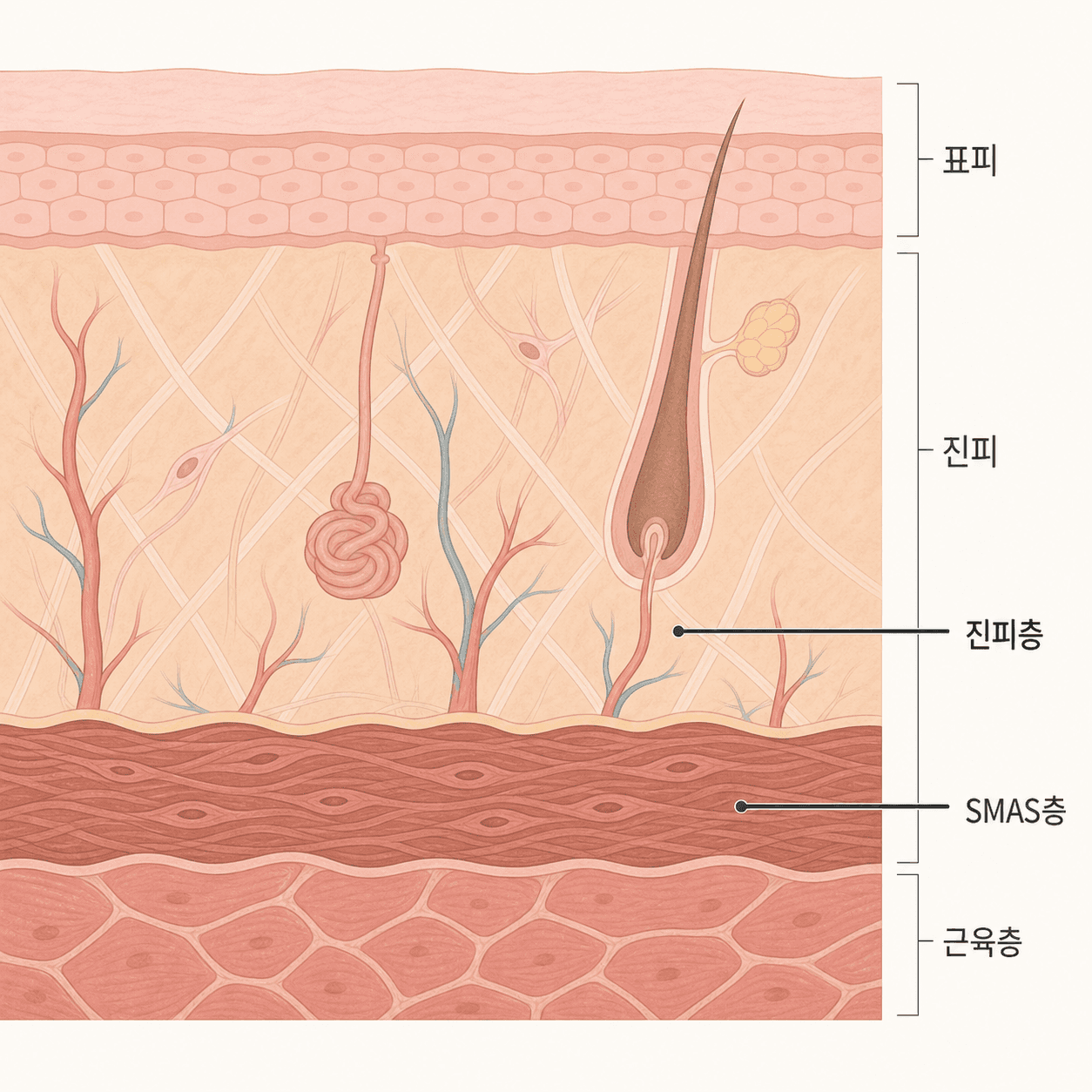 초음파와 레이저 에너지가 닿는 피부 층 깊이 차이