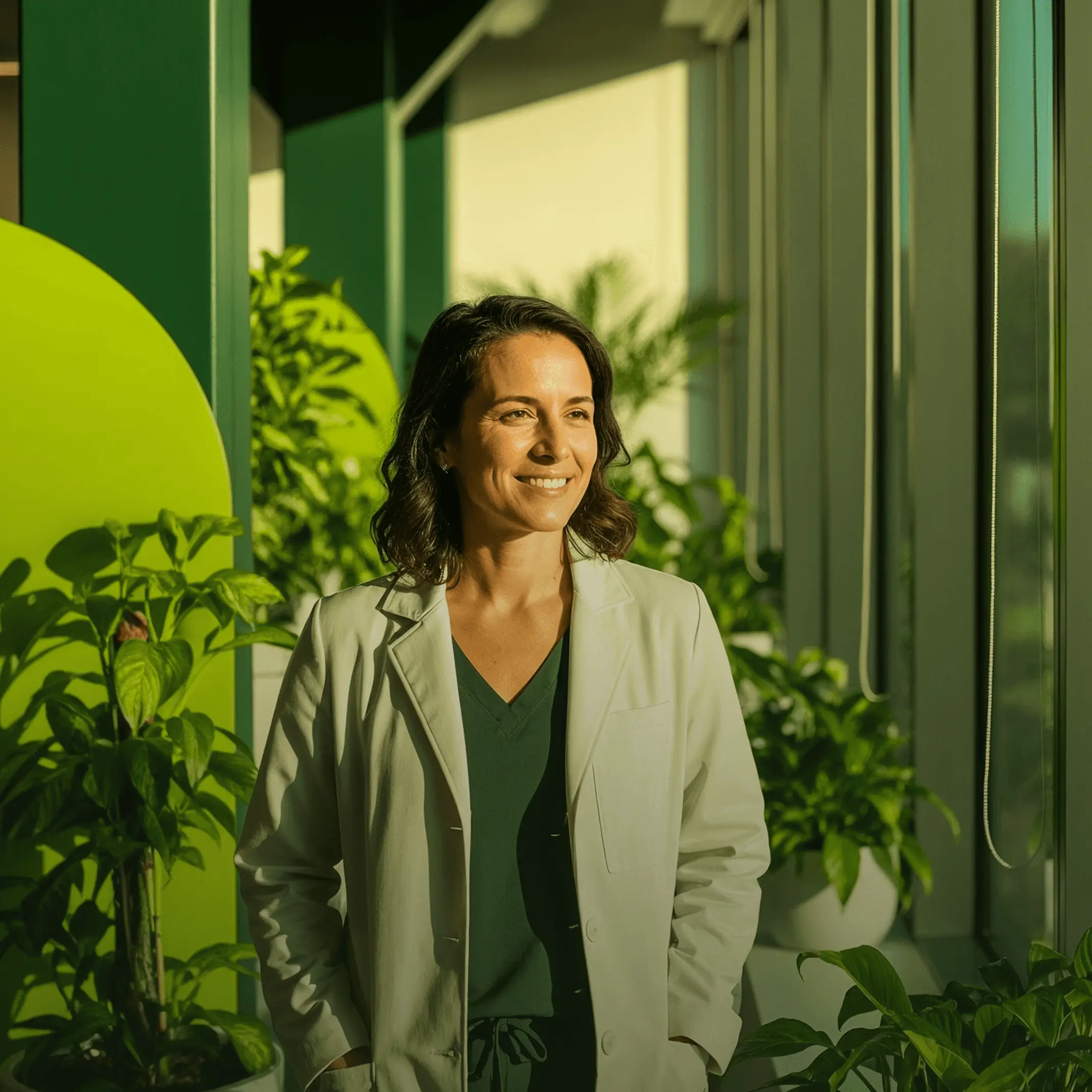 Smiling woman in a light blazer standing in a sunlit office space with large windows and green plants, looking toward the distance.