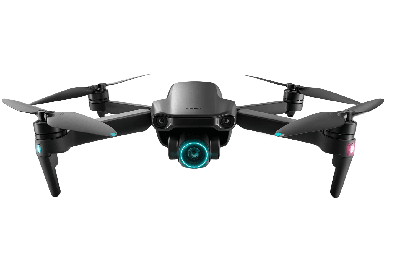 A sleek, modern black drone with four rotors is shown flying, featuring a bright blue camera lens at its front, set against a transparent background.