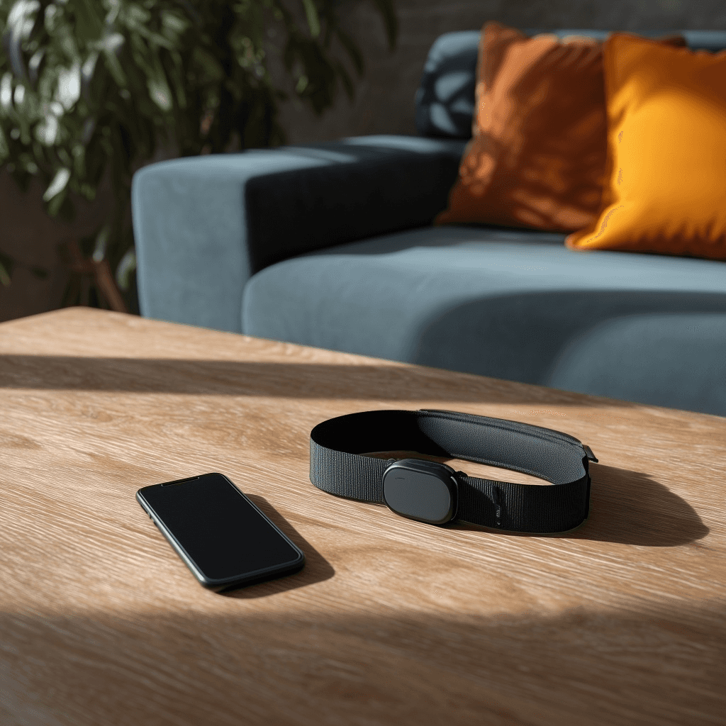 image d'un salon sur table basse un smartphone et une ceinture connectée