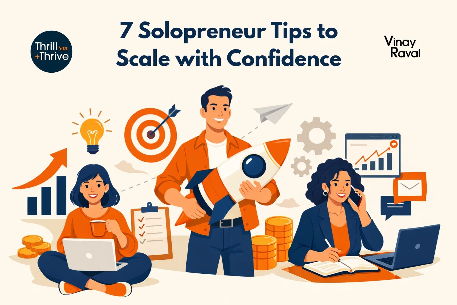 illustration-of-three-people-working-with-laptops-rocket-charts-coins-target-paper-plane-title-7-solopreneur-tips-to-scale-with-confidence-vinay-raval