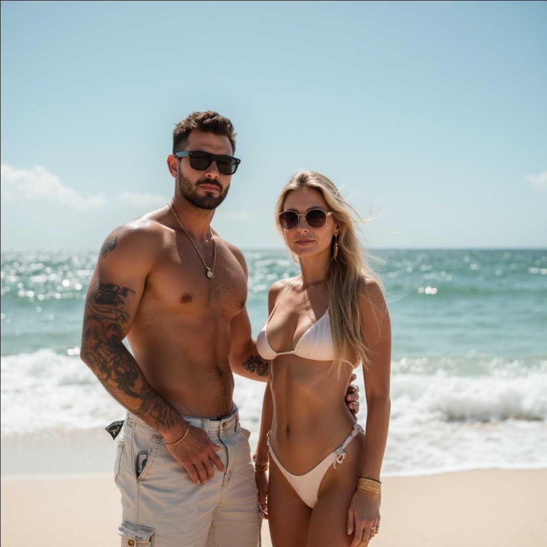 ein pärchen am Strand, beide sind attraktiv