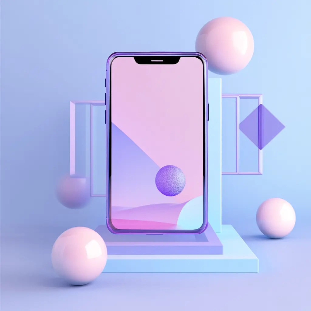 This image displays a modern smartphone floating within a geometric and abstract environment, symbolizing the future of Augmented Reality app development. The phone’s screen features soft gradients and a spherical object, reflecting the immersive nature of AR app development where virtual objects interact seamlessly with the physical world. The surrounding 3D elements in the scene, such as floating spheres and cubes, highlight the creative possibilities available to Augmented Reality app developers as they work to design applications that transform user experiences. This visual serves as a metaphor for the capabilities of AR software, which enables developers to create interactive apps that overlay digital content onto real-world environments. The clean, futuristic design symbolizes the role of Augmented Reality software development in pushing the boundaries of what's possible in mobile applications, with industries ranging from retail to education embracing AR technology. The image encapsulates how AR app development is paving the way for enhanced user engagement and interaction, making mobile devices central to the AR experience.