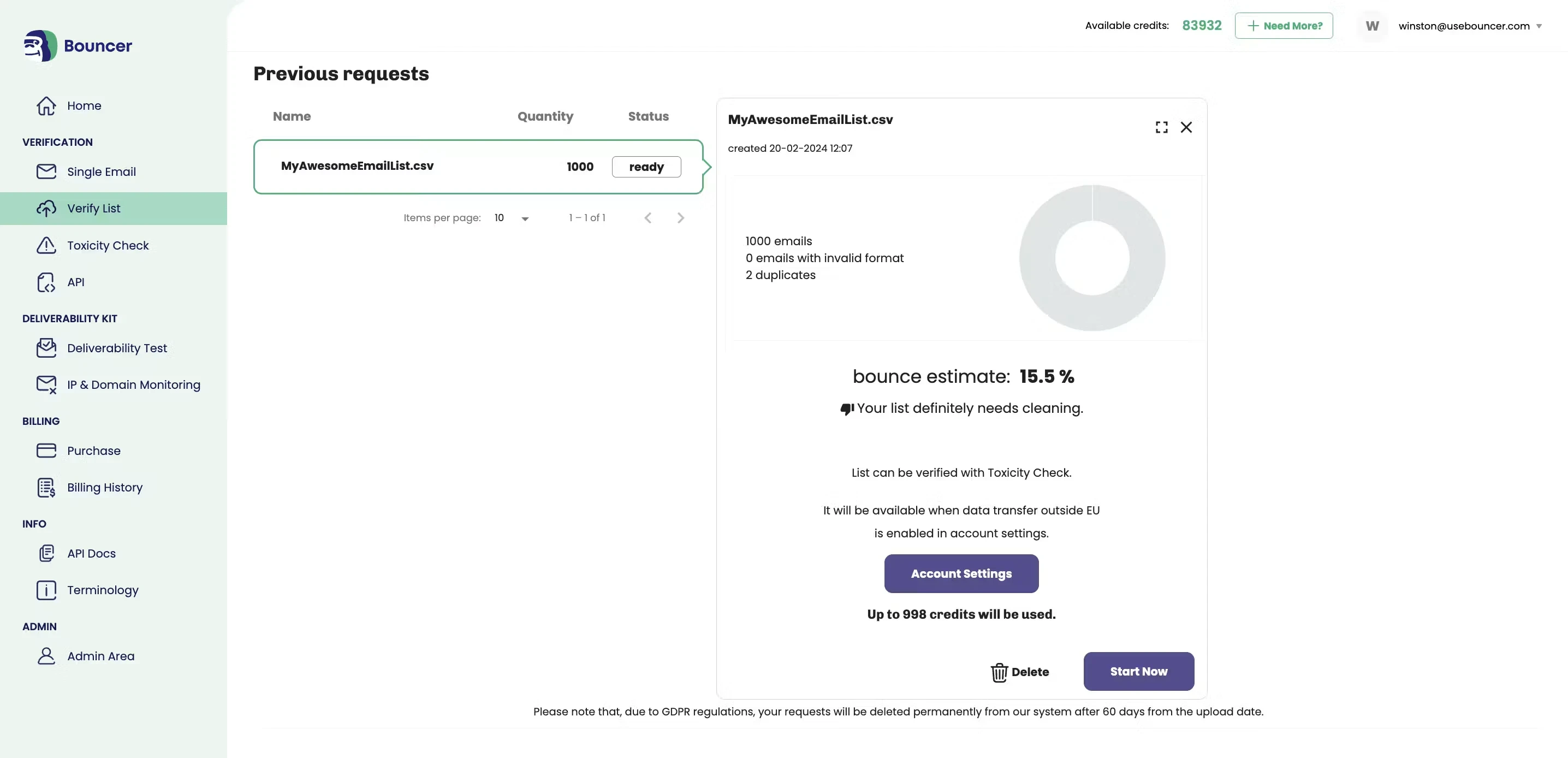 Bouncer - verification job summary with GDPR data-processing note visible