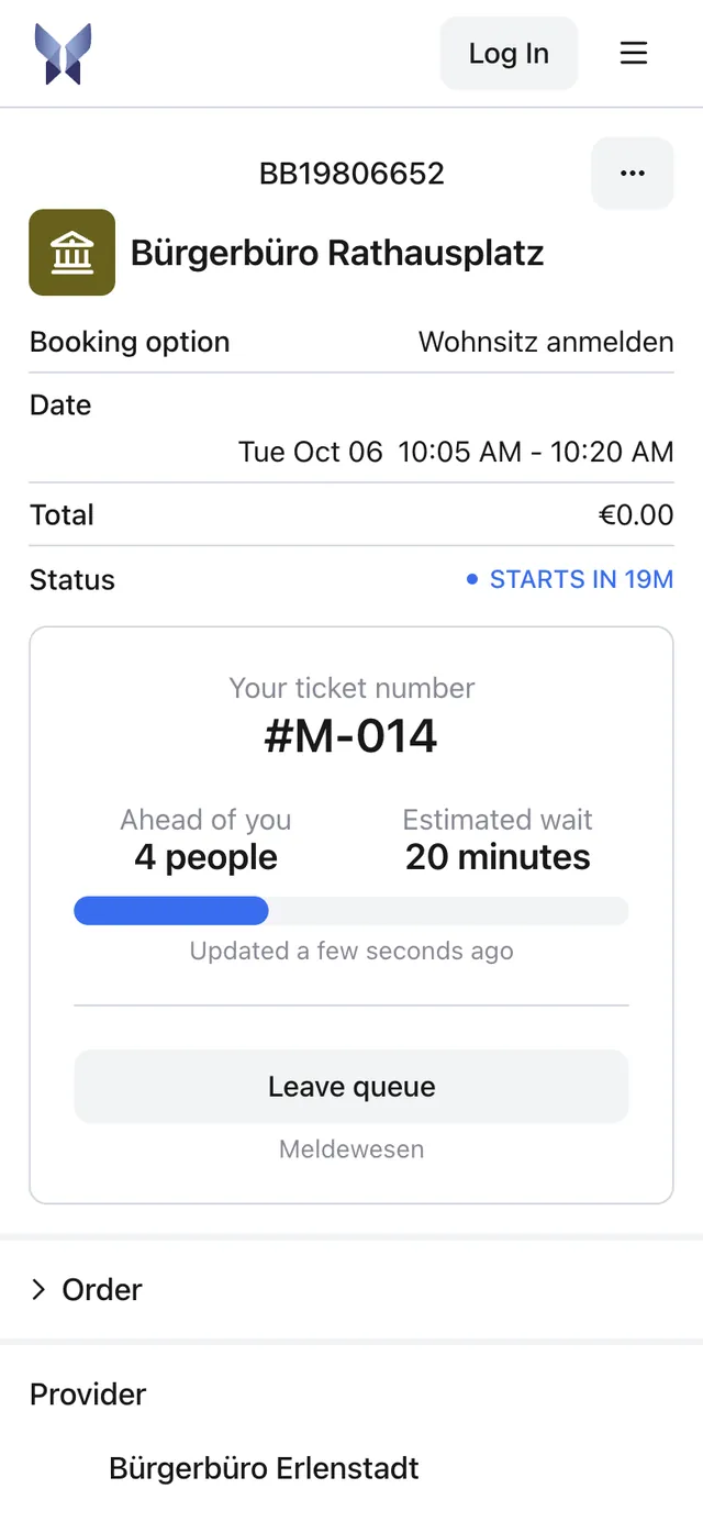 Ticket M-014 on a phone: 4 people ahead, estimated wait 20 minutes