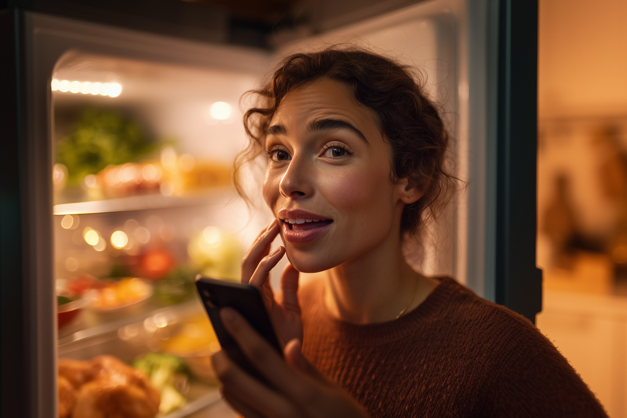 Person standing in front of an open refrigerator while looking at a smartphone
