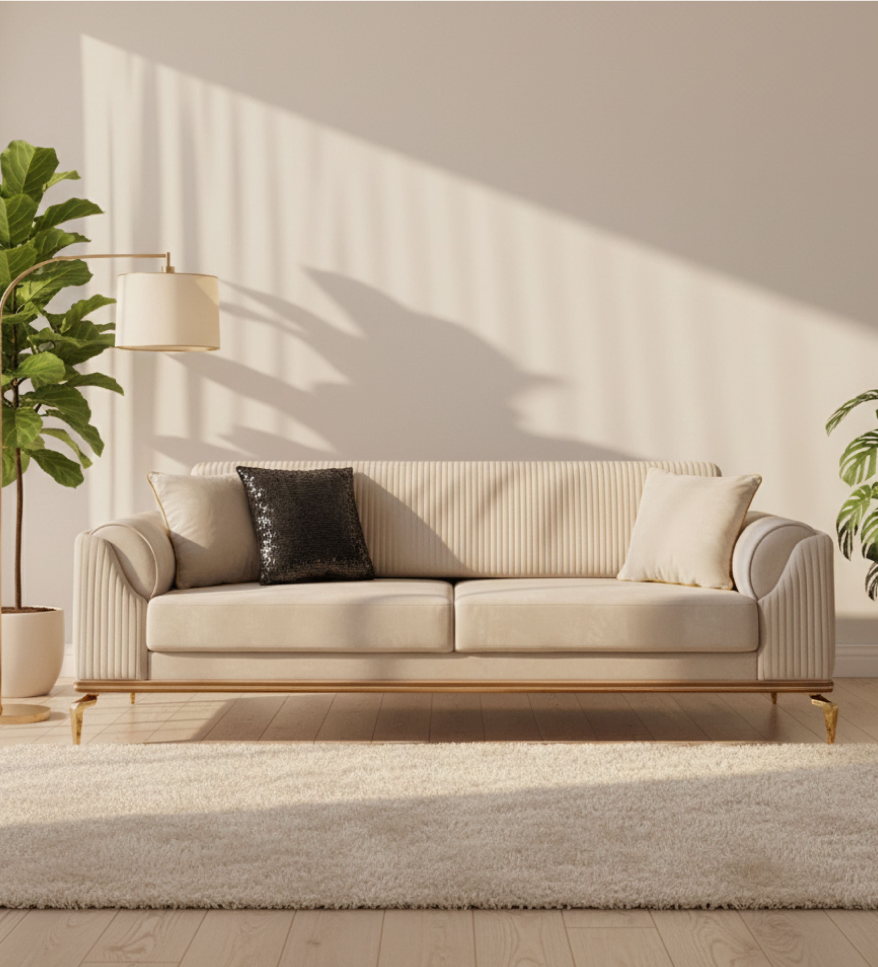 Cream upholstered seating with fluted backrest and gold-finished support frame