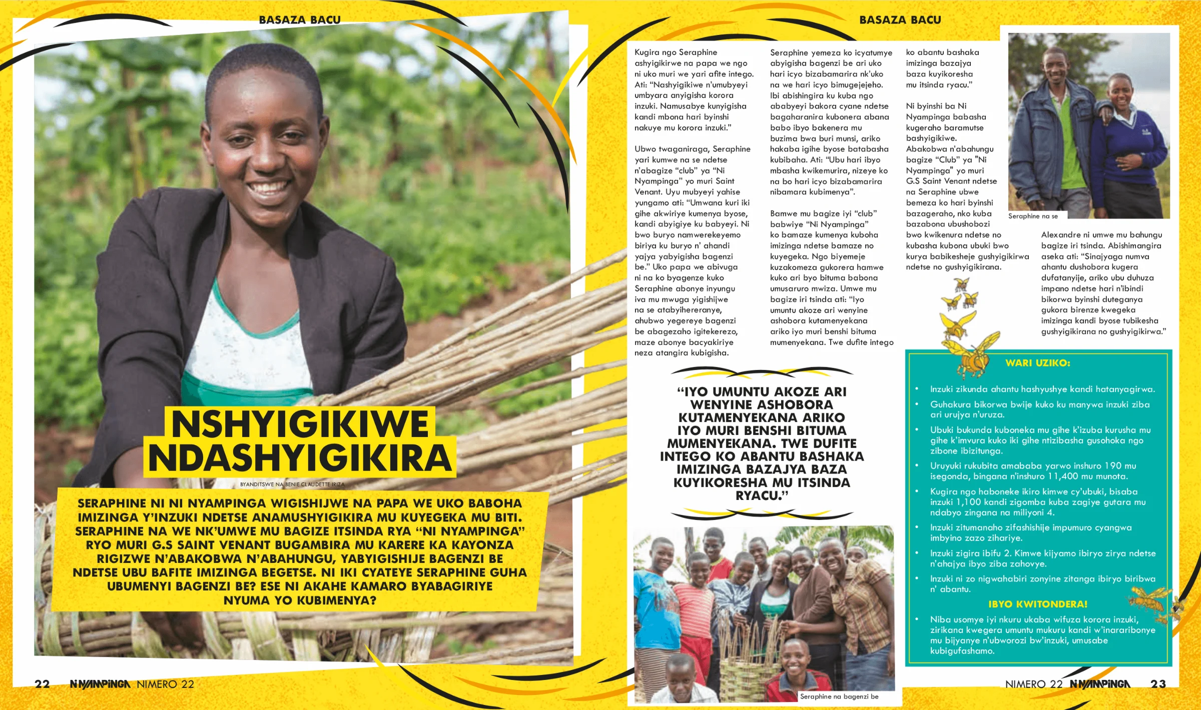 Ni Nyampinga editorial spread about beekeeping featuring a smiling young woman weaving a hive, set on a bright yellow layout