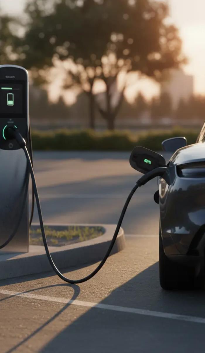 An electric car charges at a station in a sunlit parking lot. The charger reads 80%. Soft light and a blurry tree create a calm, eco-friendly setting.